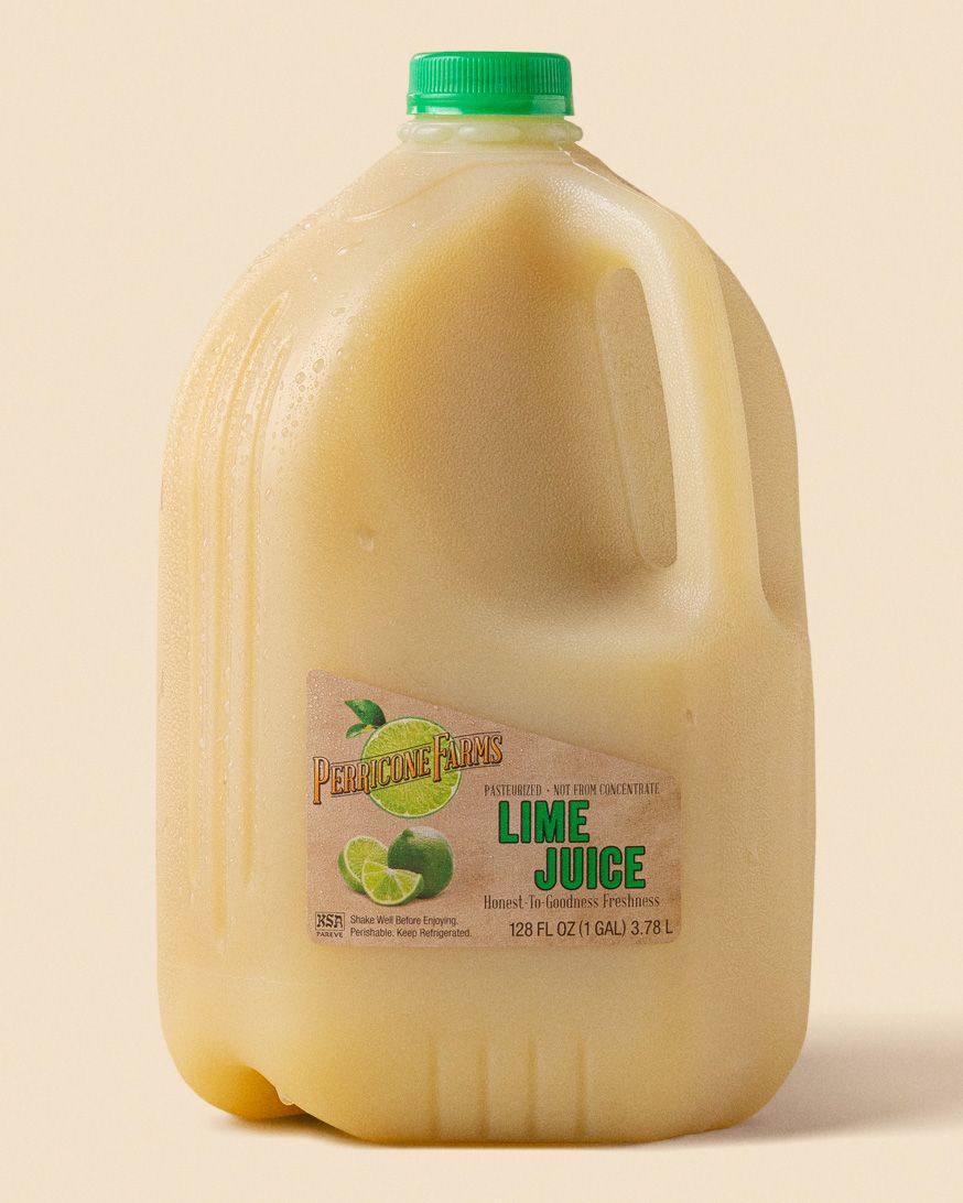 A bottle of Perricone Farms 128 oz. Lime Juice