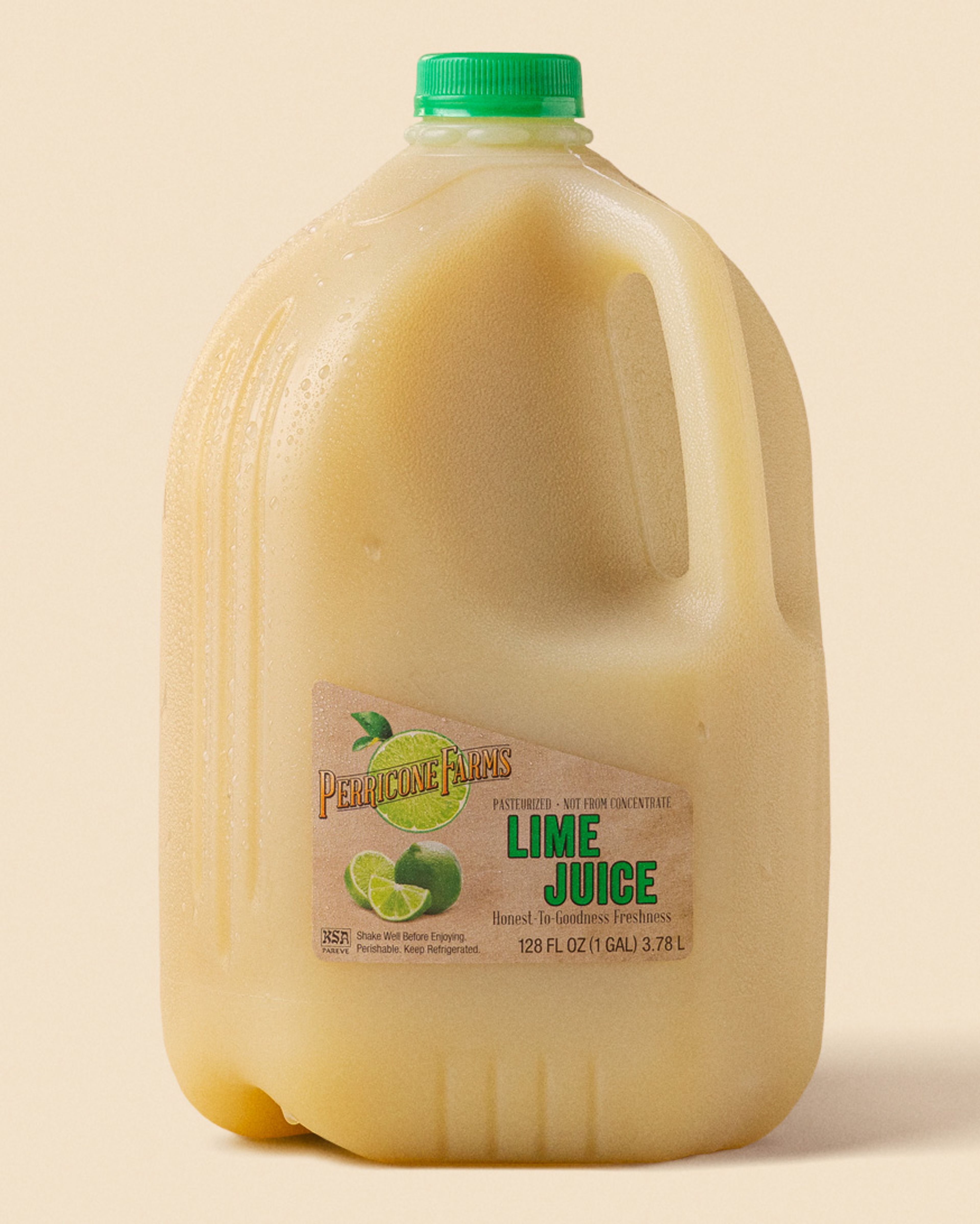 A bottle of Perricone Farms 128 oz. Lime Juice