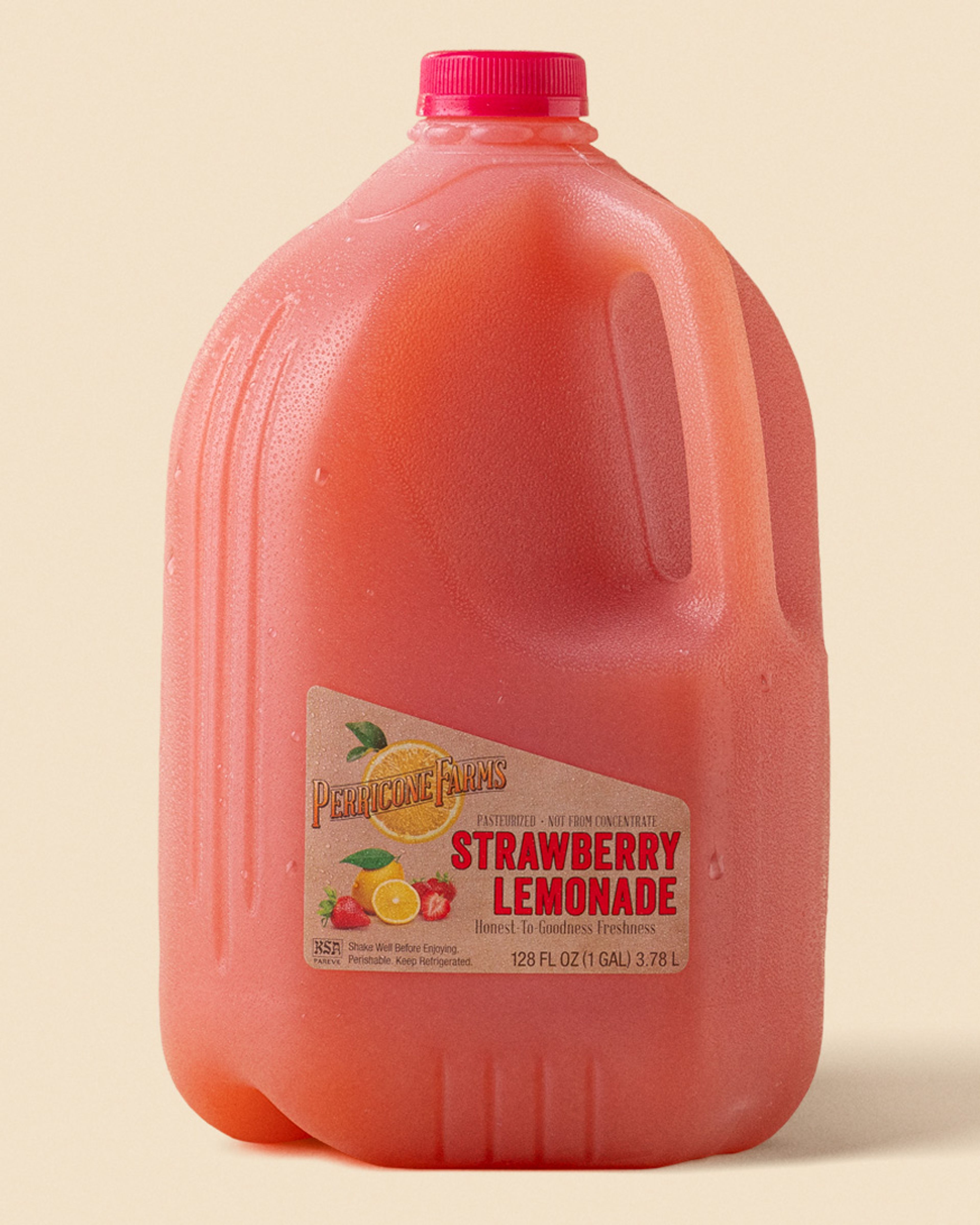A bottle of Perricone Farms 128 oz. Strawberry Lemonade