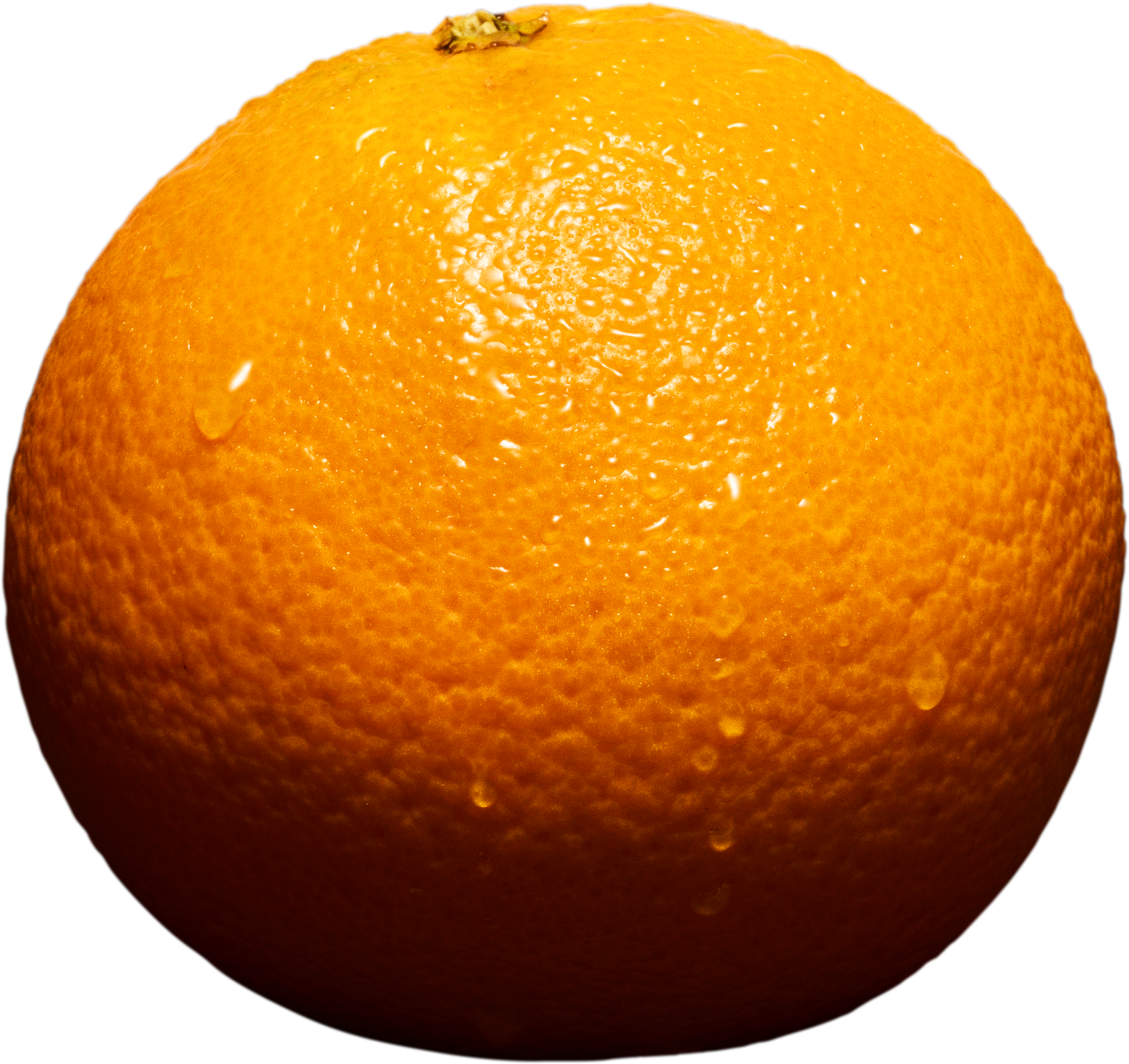 Round orange with slight condensation on transparent background