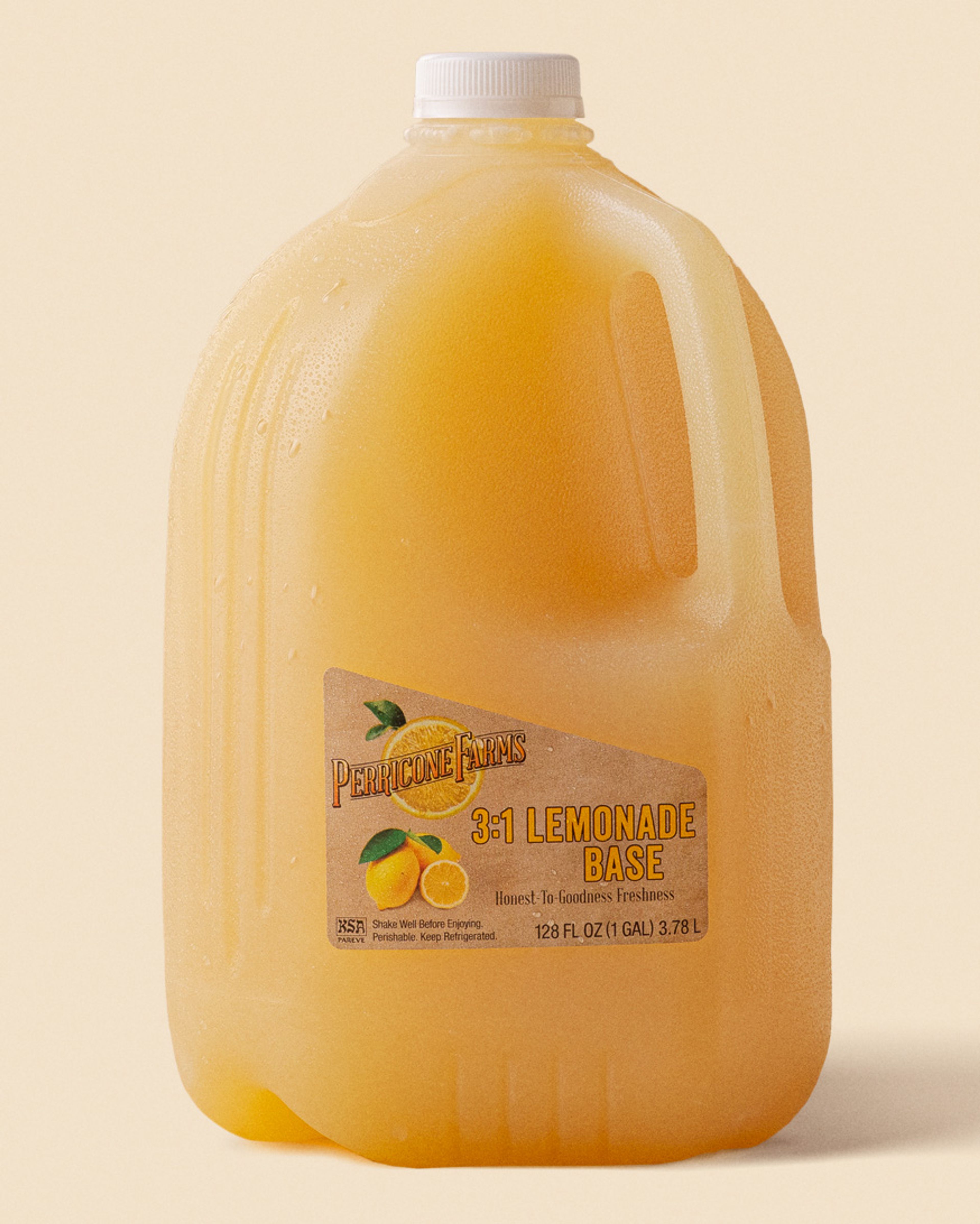 A bottle of Perricone Farms 128 oz. Lemonade Base