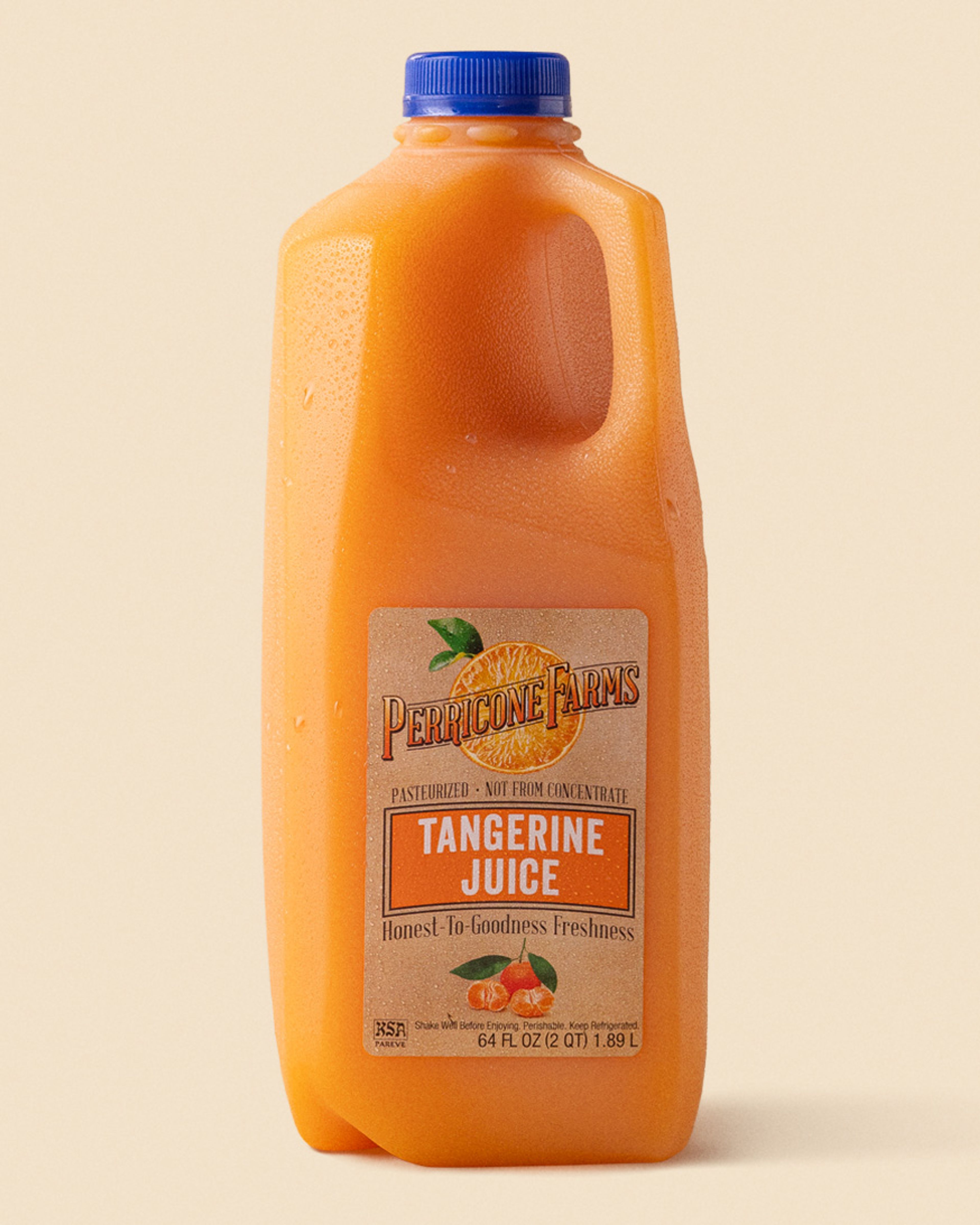 A bottle of Perricone Farms 64 oz. Tangerine Juice