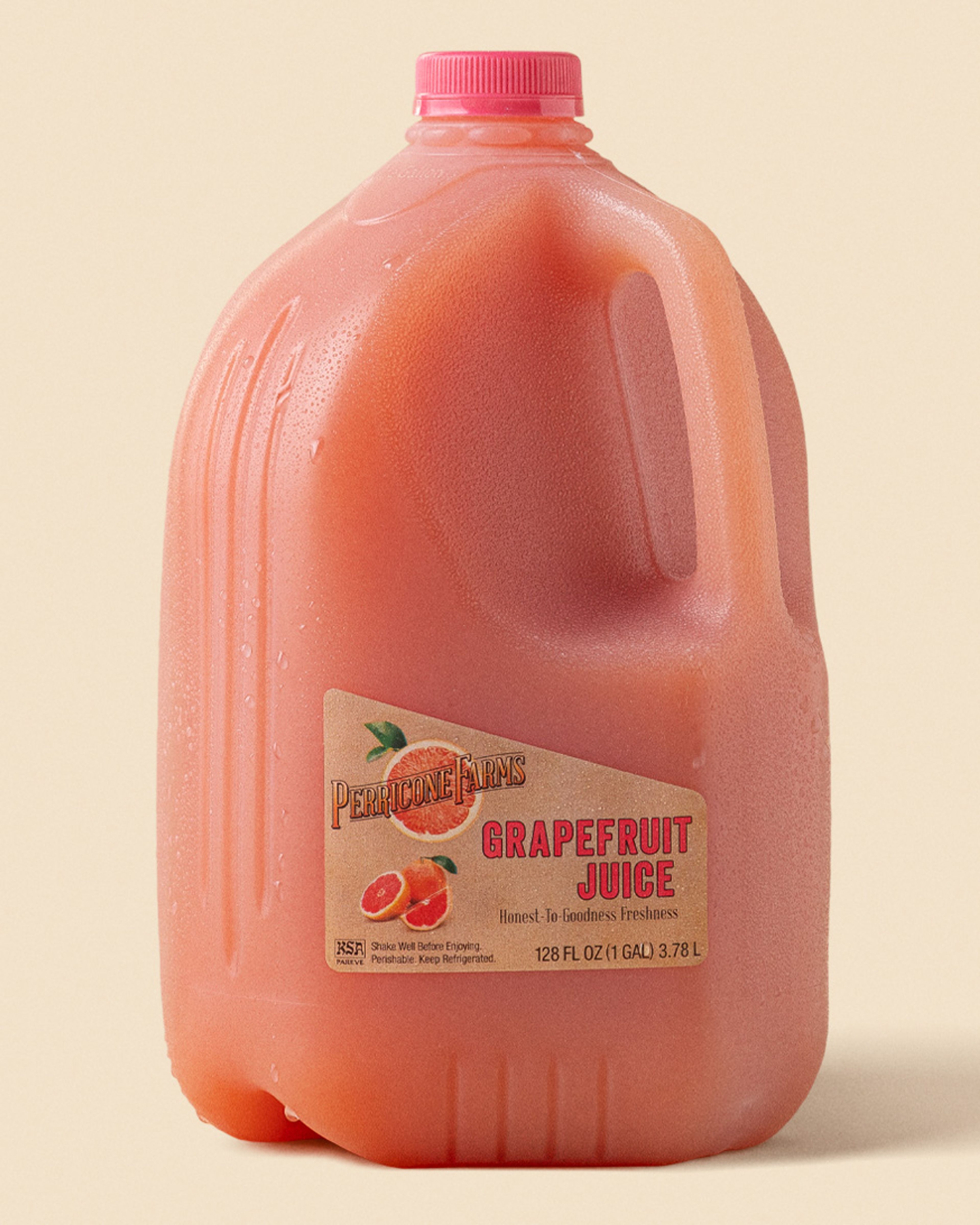 A bottle of Perricone Farms 128 oz. Grapefruit Juice