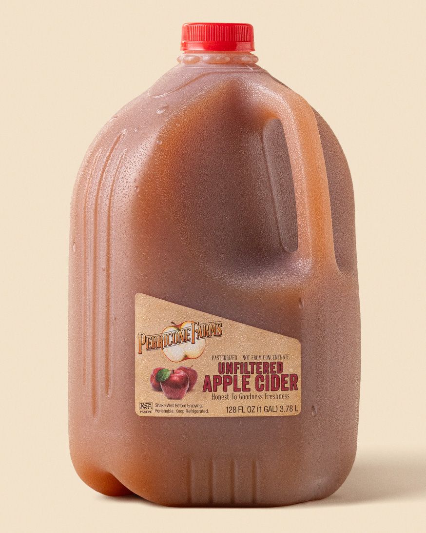 A bottle of Perricone Farms 128 oz. Apple Cider
