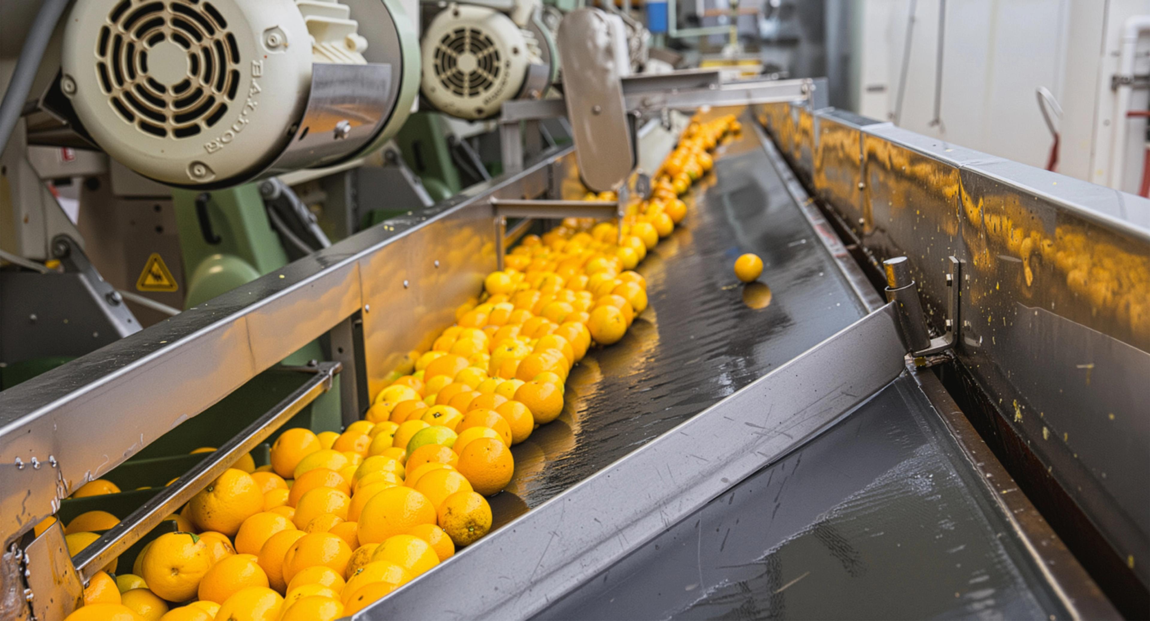 Oranges moving through the production line
