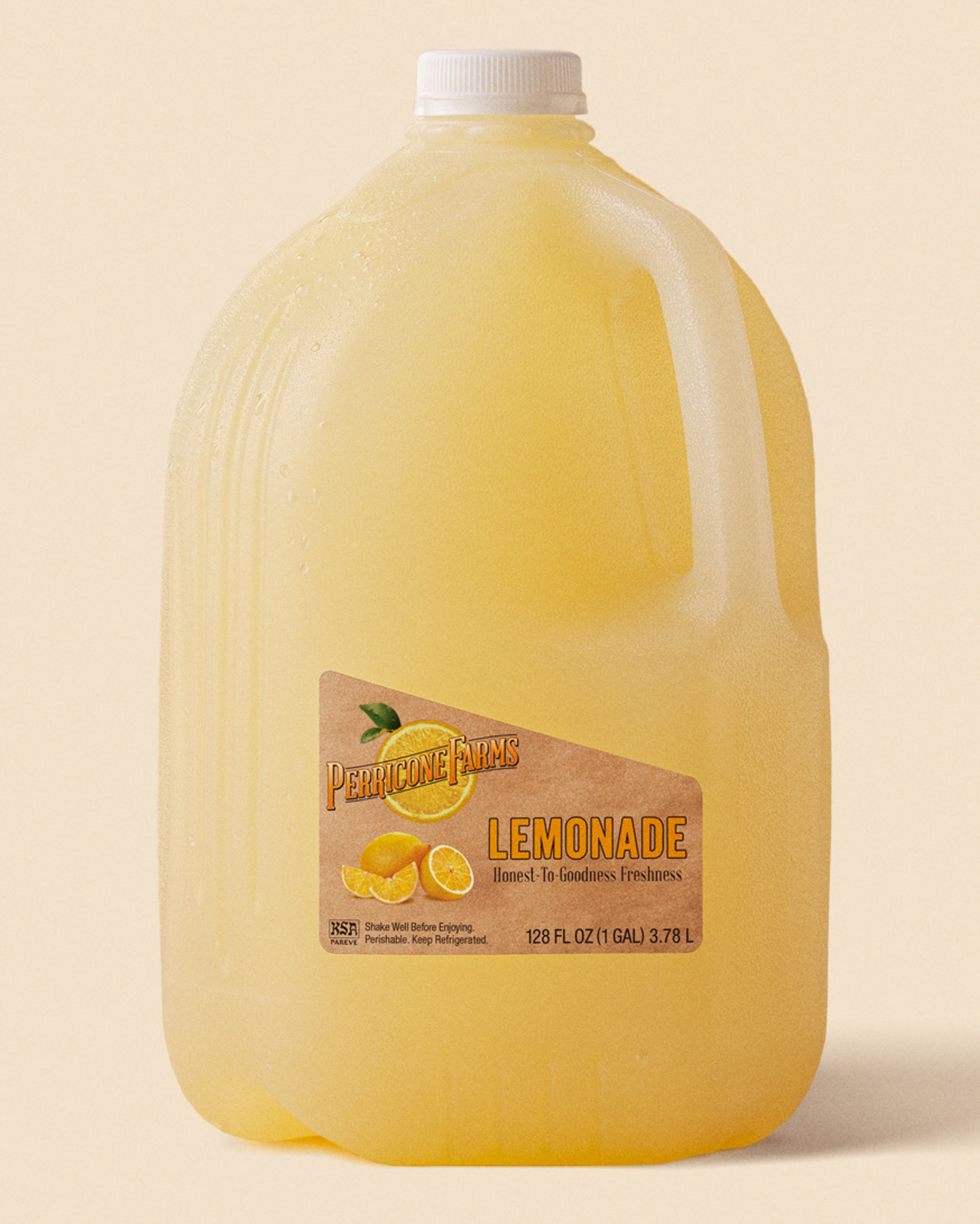 A bottle of Perricone Farms 128 oz. Lemonade