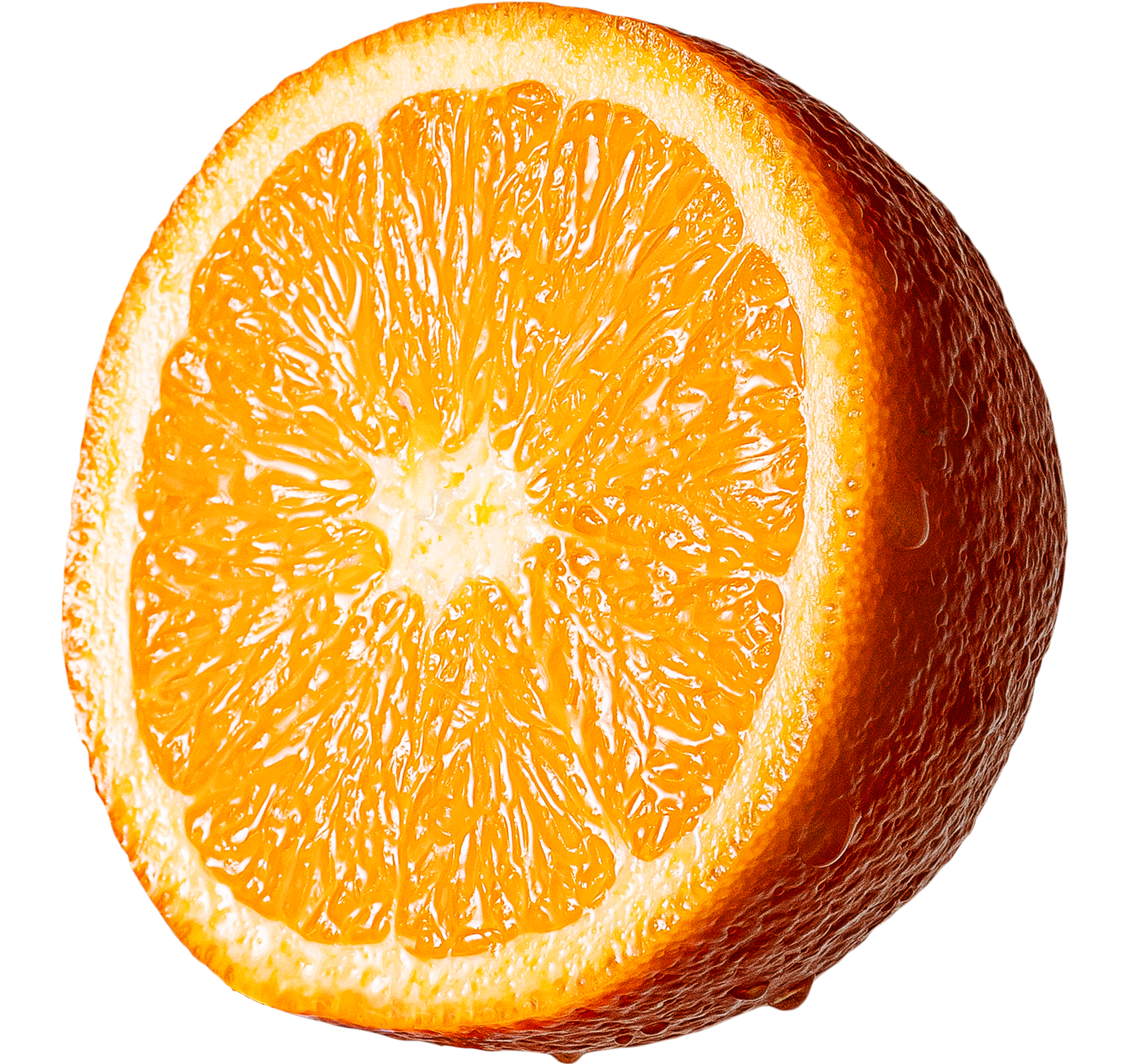 Round orange with slight condensation on transparent background