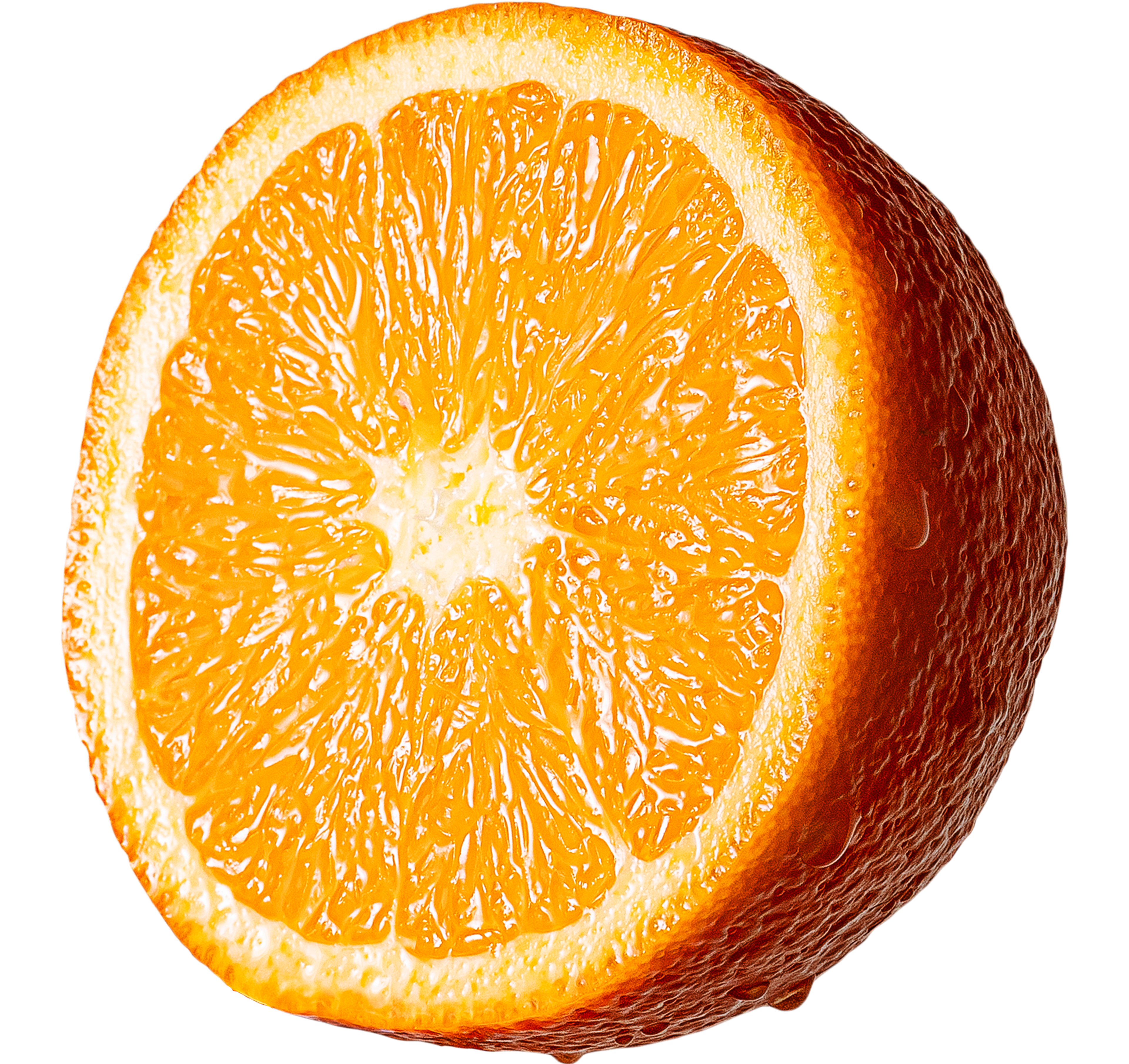 Round orange with slight condensation on transparent background
