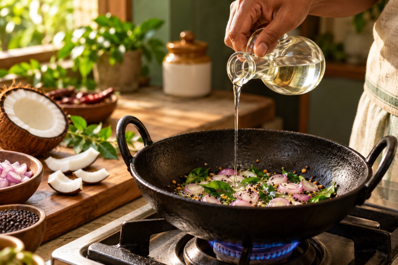 Coconut oil poured into a pan with curry leaves, mustard seeds and shallots during cooking
