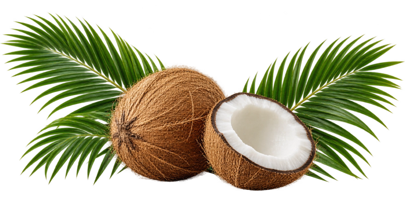Fresh coconuts with green coconut palm fronds