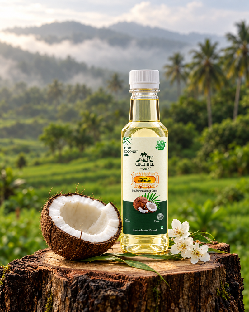 Cocohill coconut oil bottle beside a fresh coconut on a wooden stump, with misty green hills and coconut palms behind