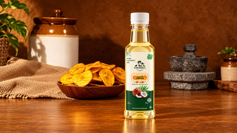 Cocohill coconut oil bottle in front of golden banana chips in a warm traditional Kerala kitchen