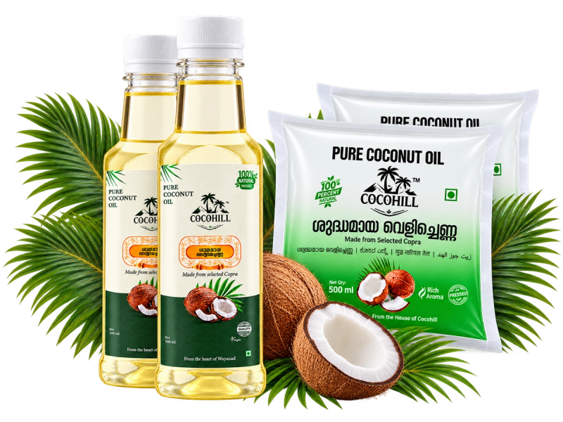 Cocohill coconut oil bottles and pouches with fresh coconuts and palm leaves