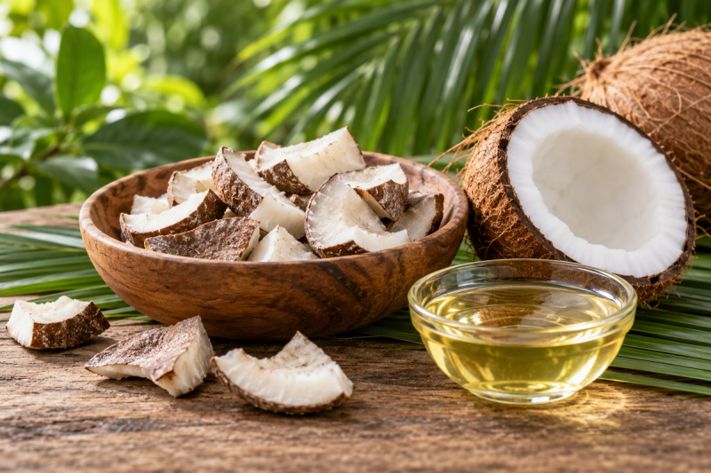 Selected dried copra and coconut oil in a natural ingredient still life