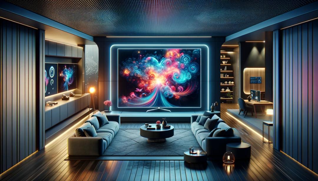 AI generated image of a futuristic home theater streaming setup in a living room.