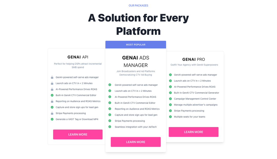 GenAI Solutions Core Products: GenAI Ads Manager, GenAI API, GenAI PRO