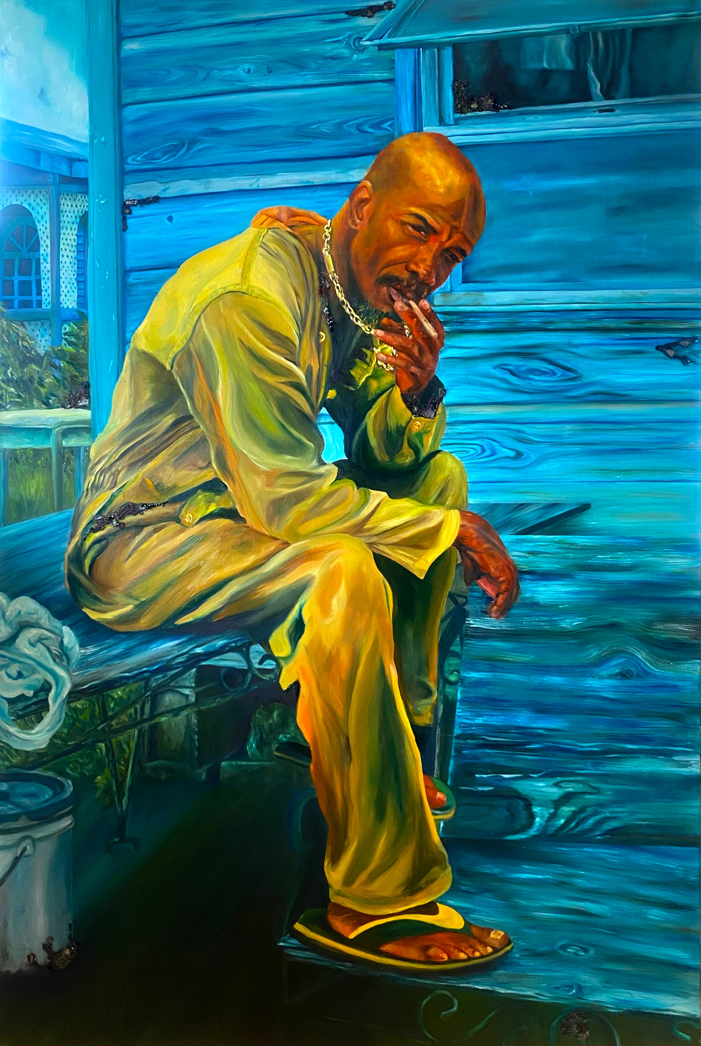 The Thinker, Oil and embroidery on canvas, 150 x 100cm, 2024