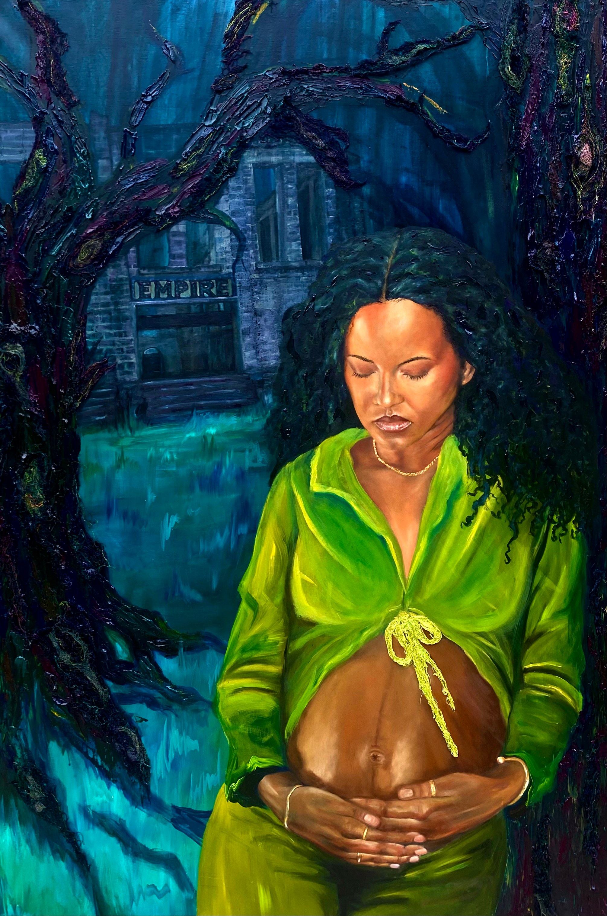 Empire, Oil and embroidery on Canvas,
150 x 100cm, 2023
