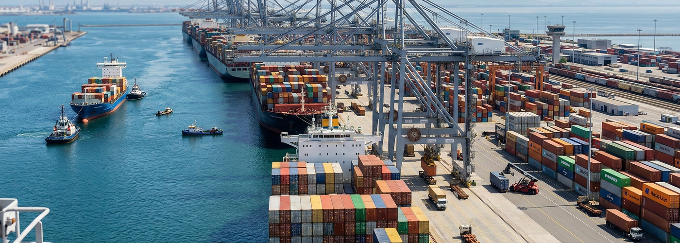 photograph taken at dawn of a bustling modern commercial port, with giant industrial cranes loading colorful shipping containers onto a massive cargo ship.