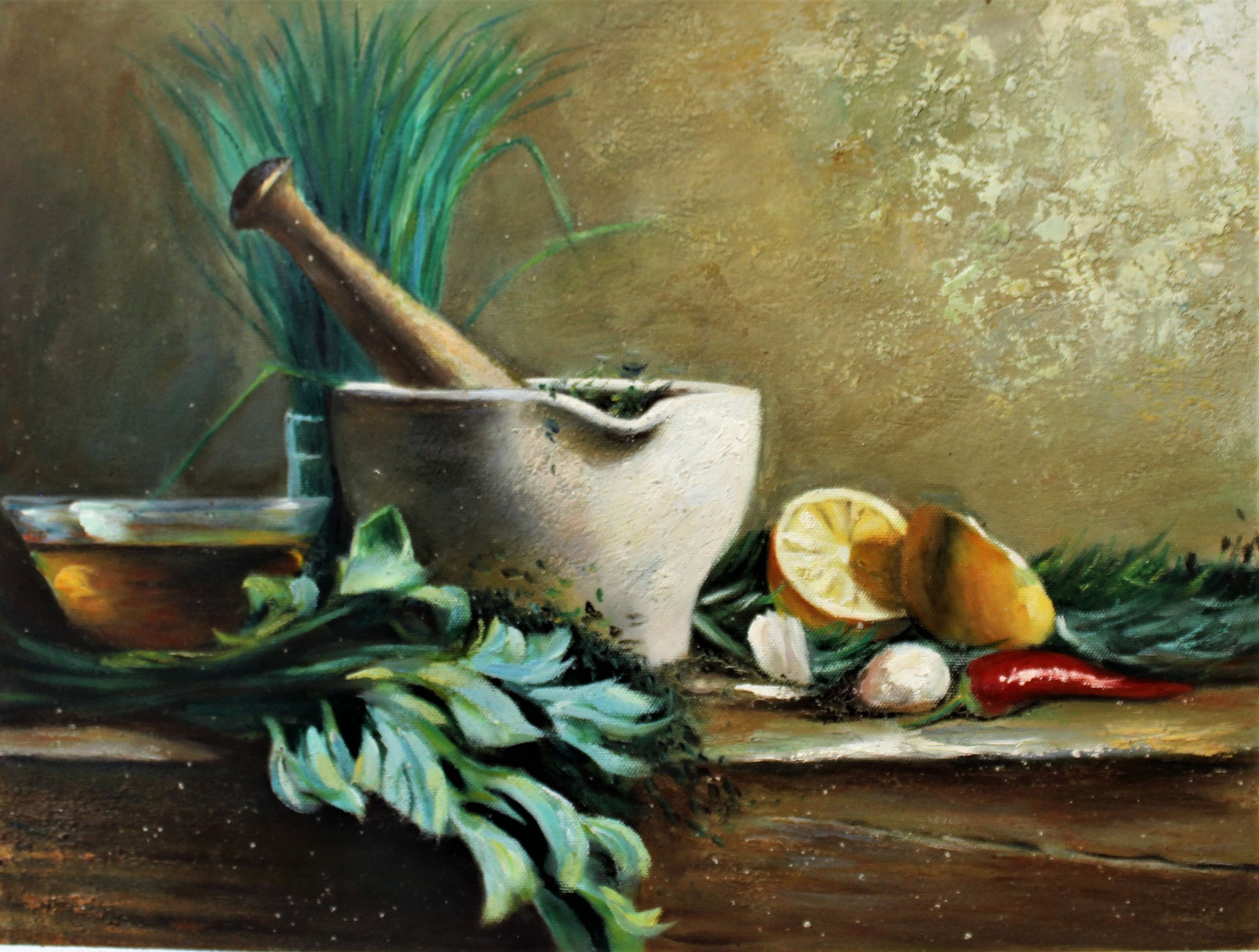 Nature morte d'un mortier et d'un pilon avec des épices et des citrons
