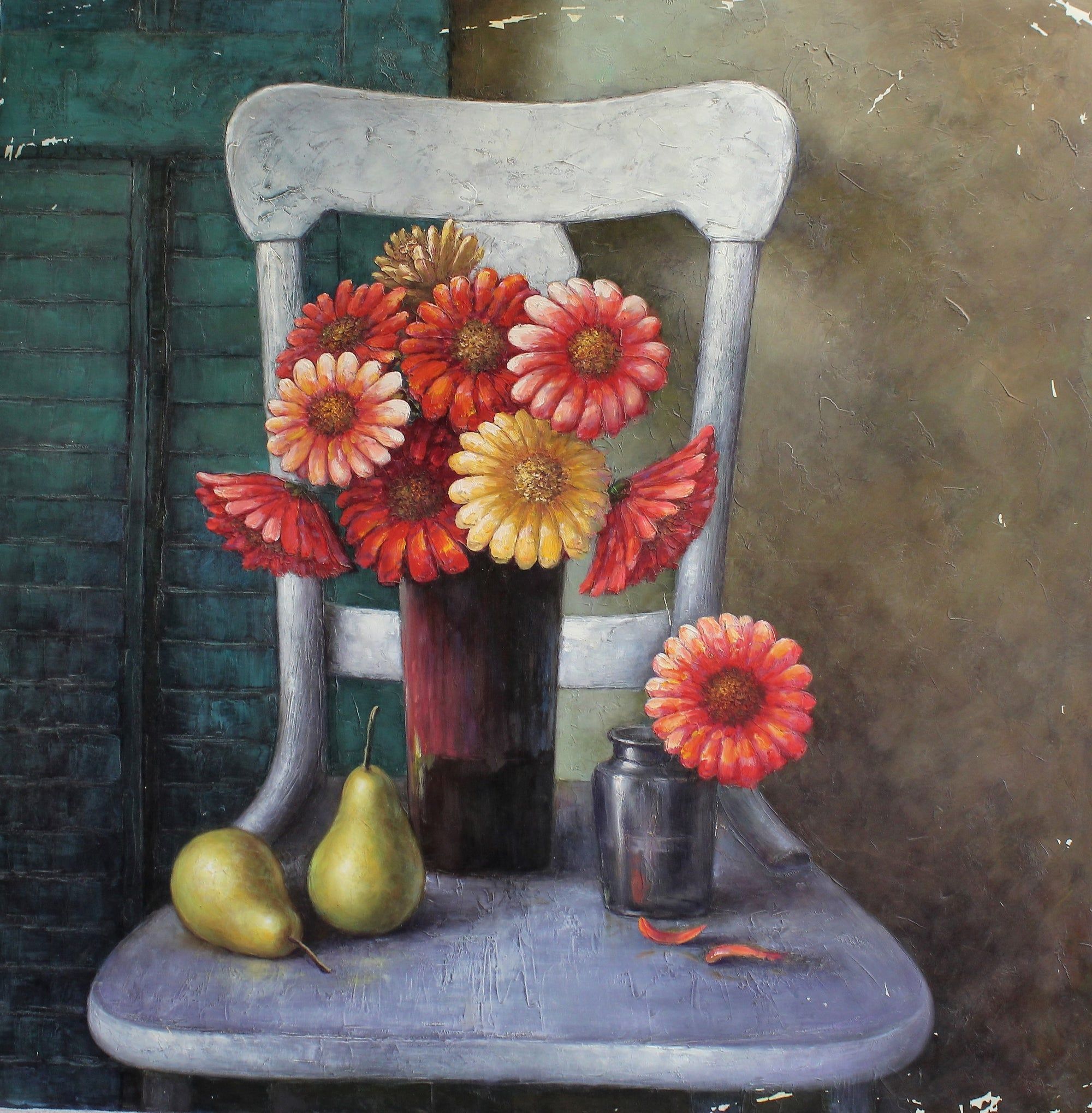 Nature morte de fleurs et de poires sur une chaise