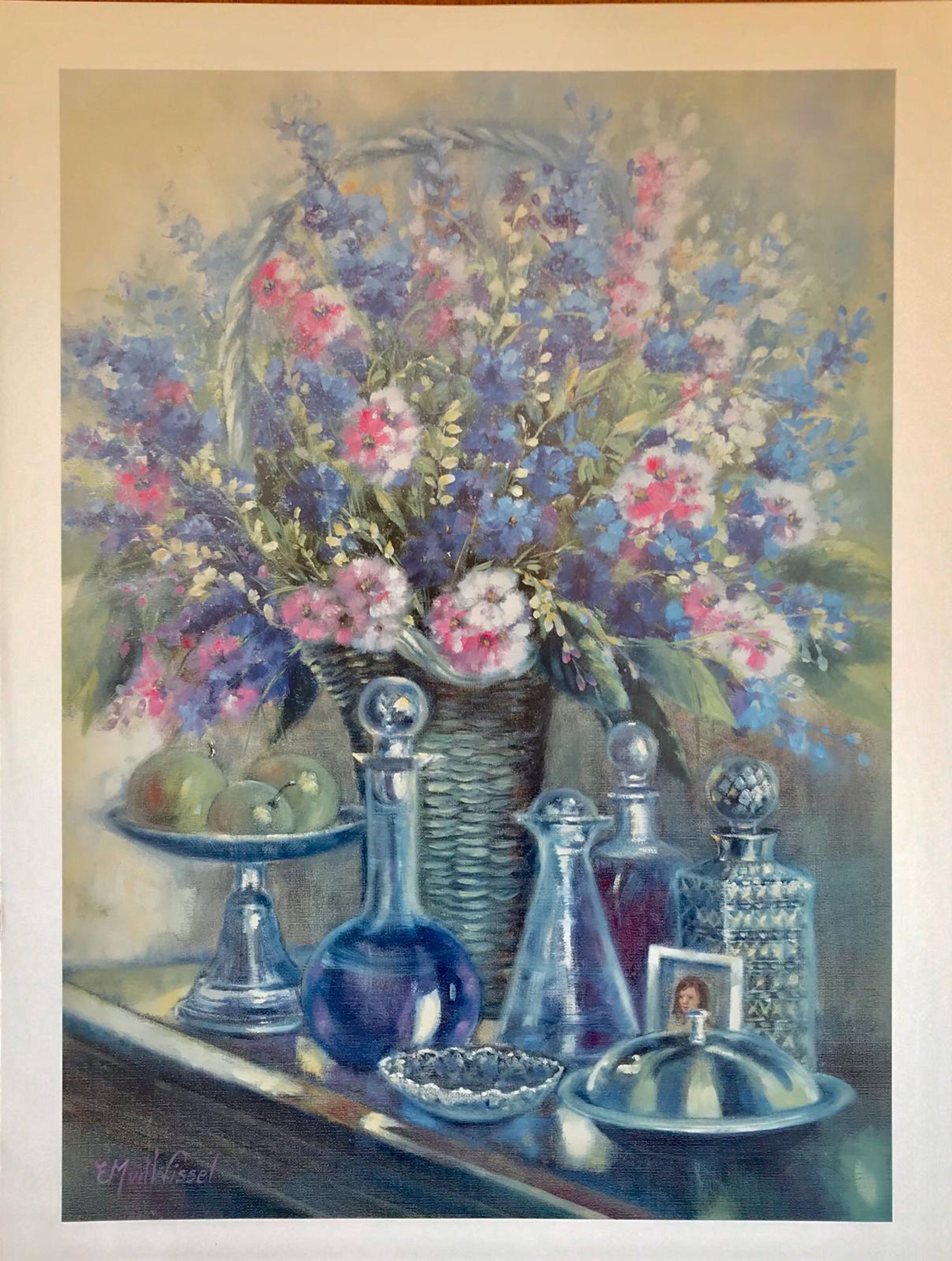 Affiche de nature morte avec des récipients en verre et des fleurs