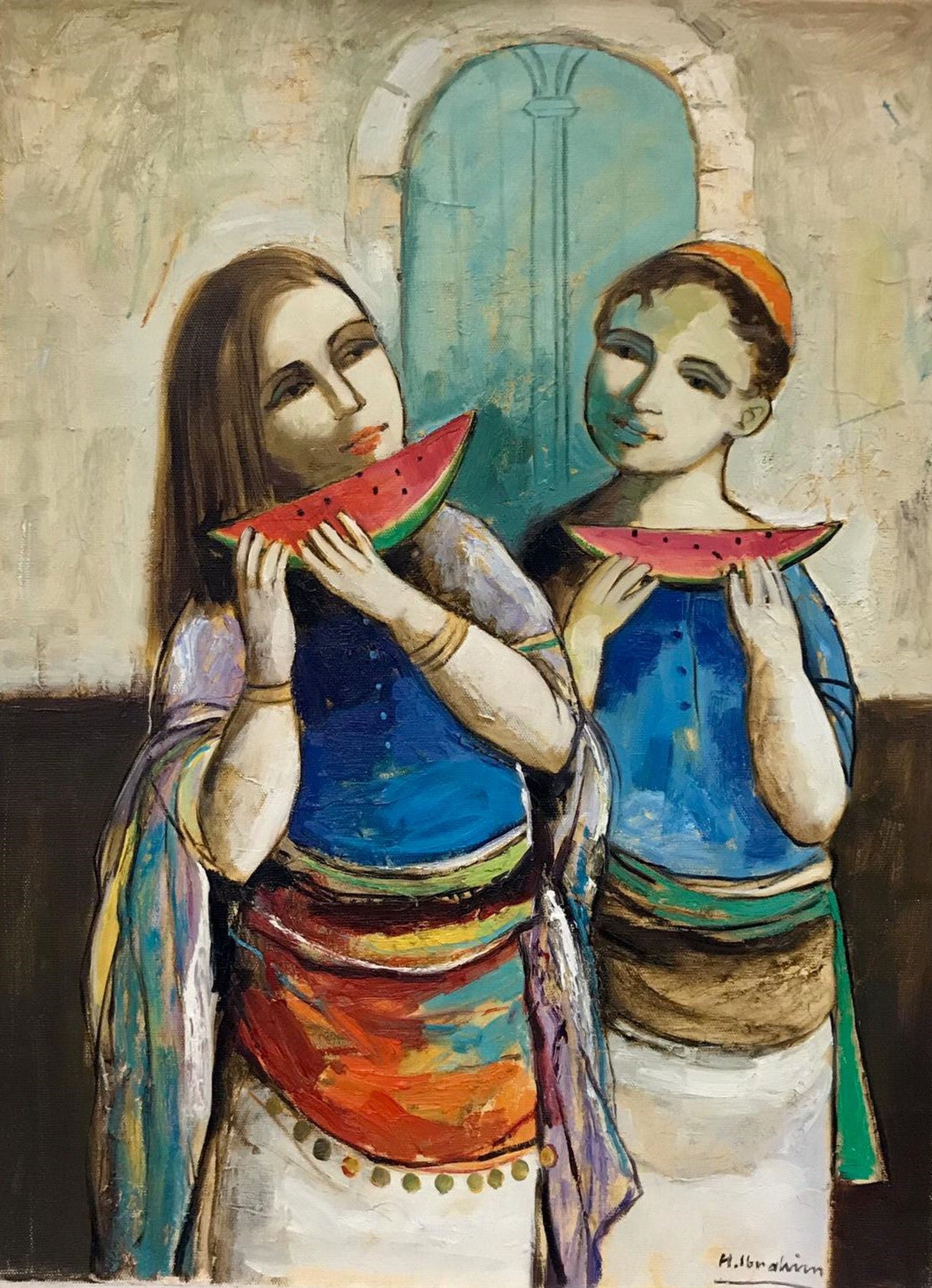 Deux personnages mangeant de la pastèque