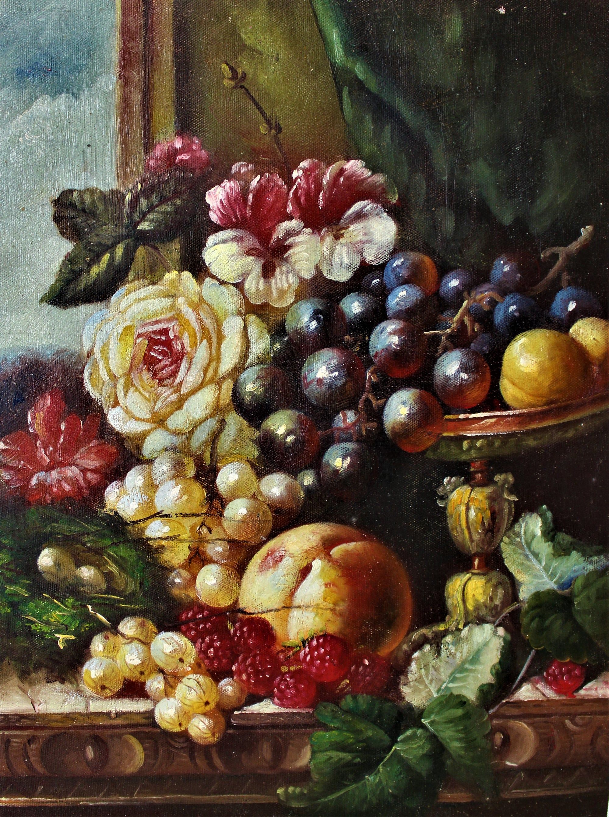 Nature morte de fleurs et de fruits près d'une fenêtre