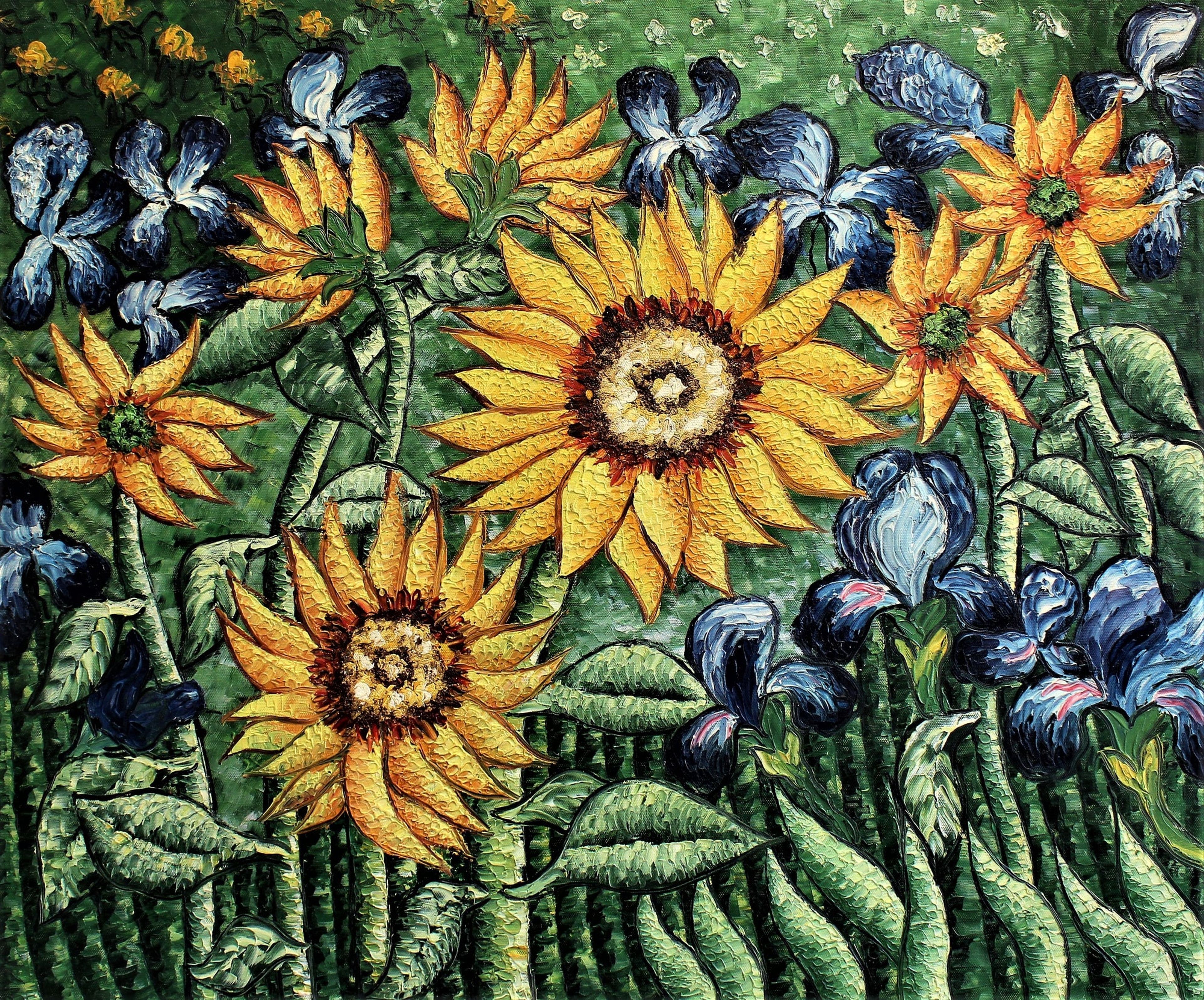 Un champ de tournesols et d'iris
