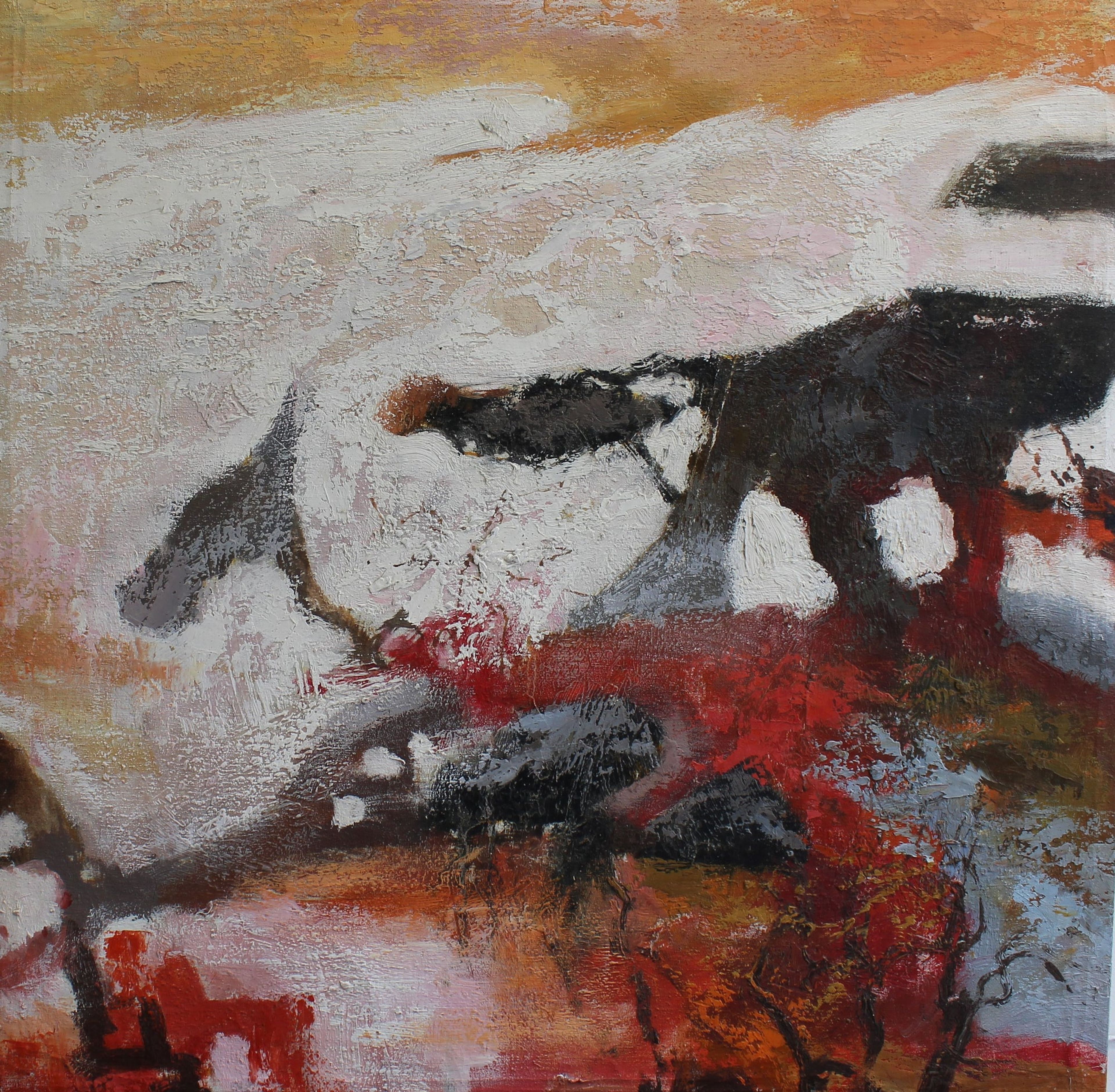 Peinture abstraite avec des tons orange, blanc, rouge et marron
