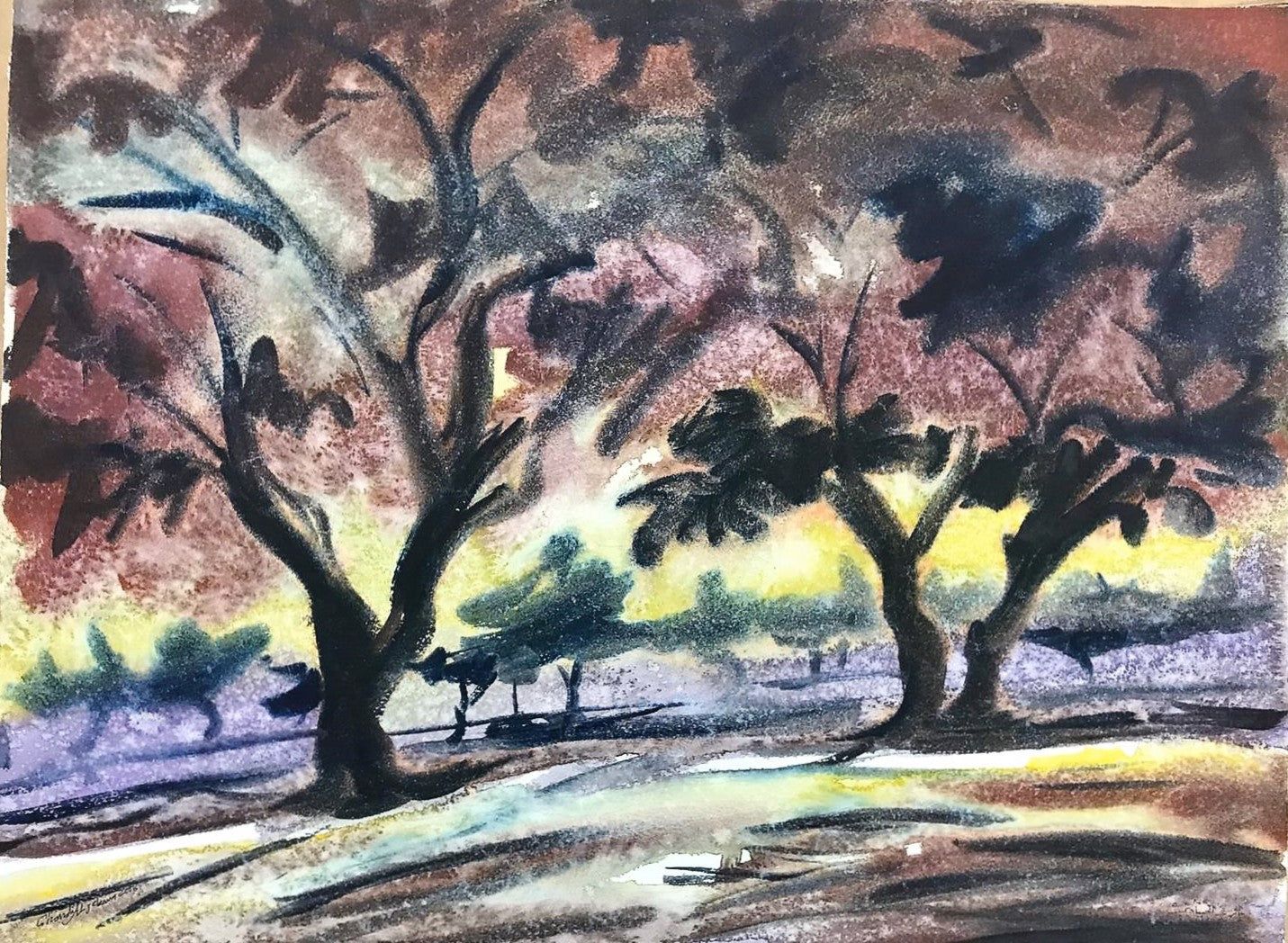 Paysage en violet, jaune et rouge