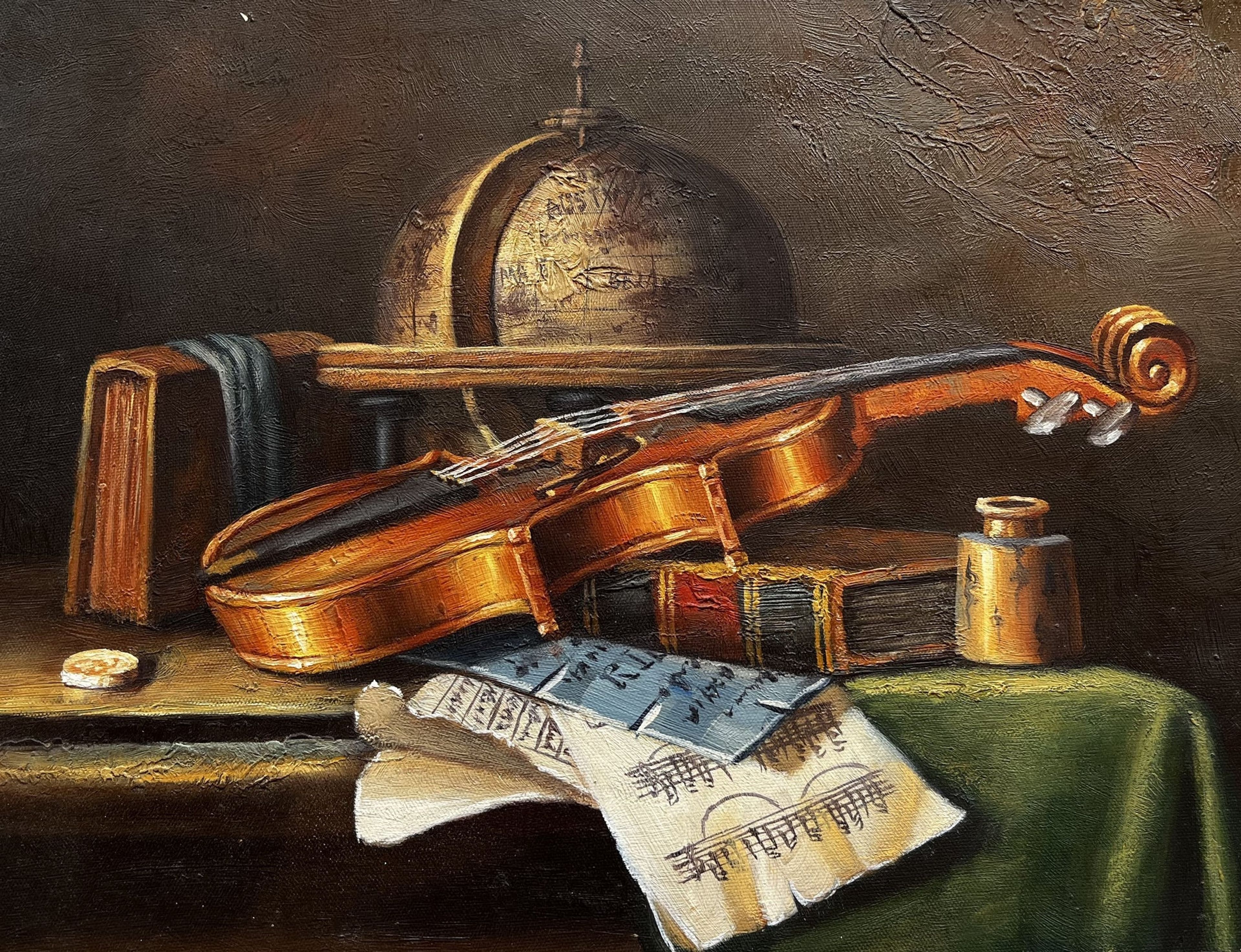 Nature morte d'un violon, de livres, de partitions et d'un globe