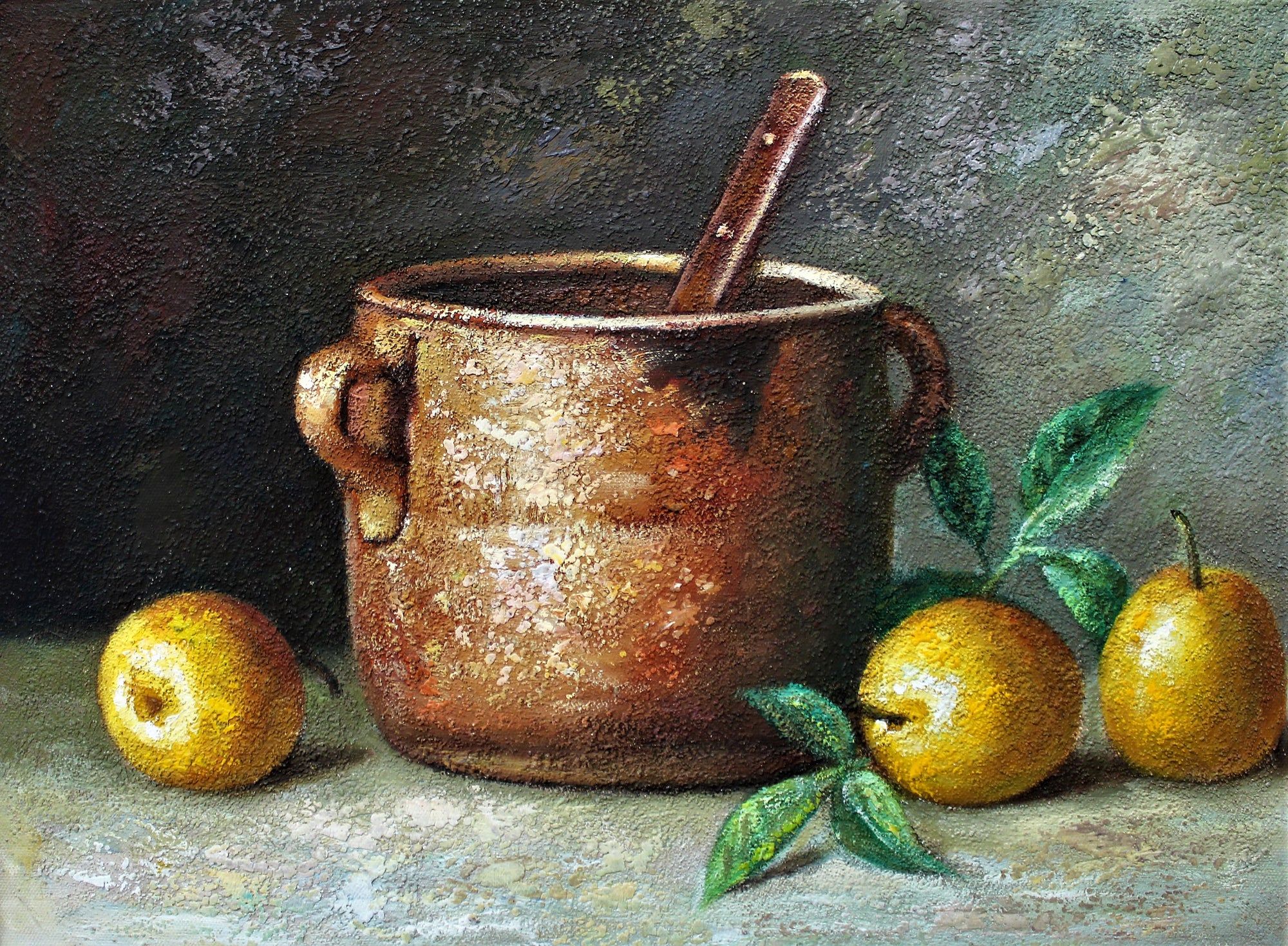 Nature morte de pommes jaunes et d'un pot en cuivre