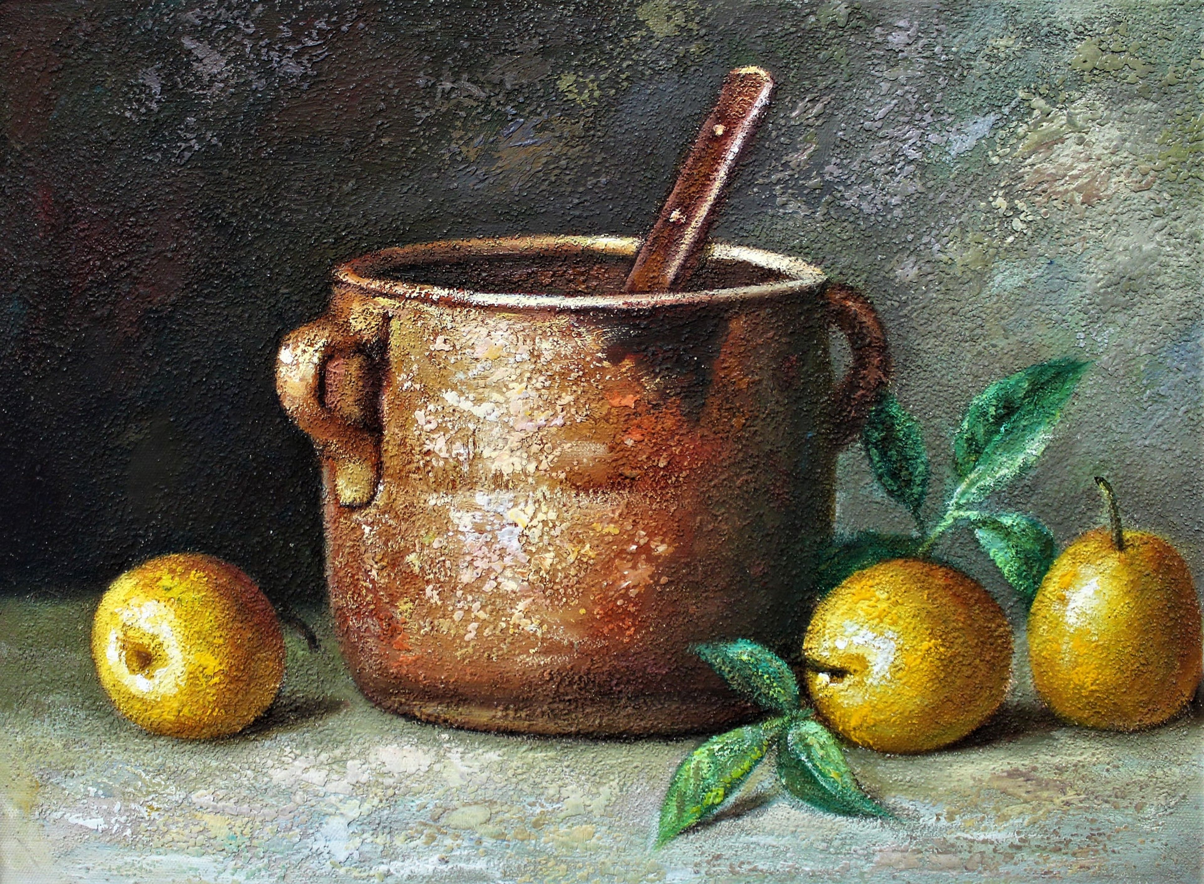 Nature morte de pommes jaunes et d'un pot en cuivre