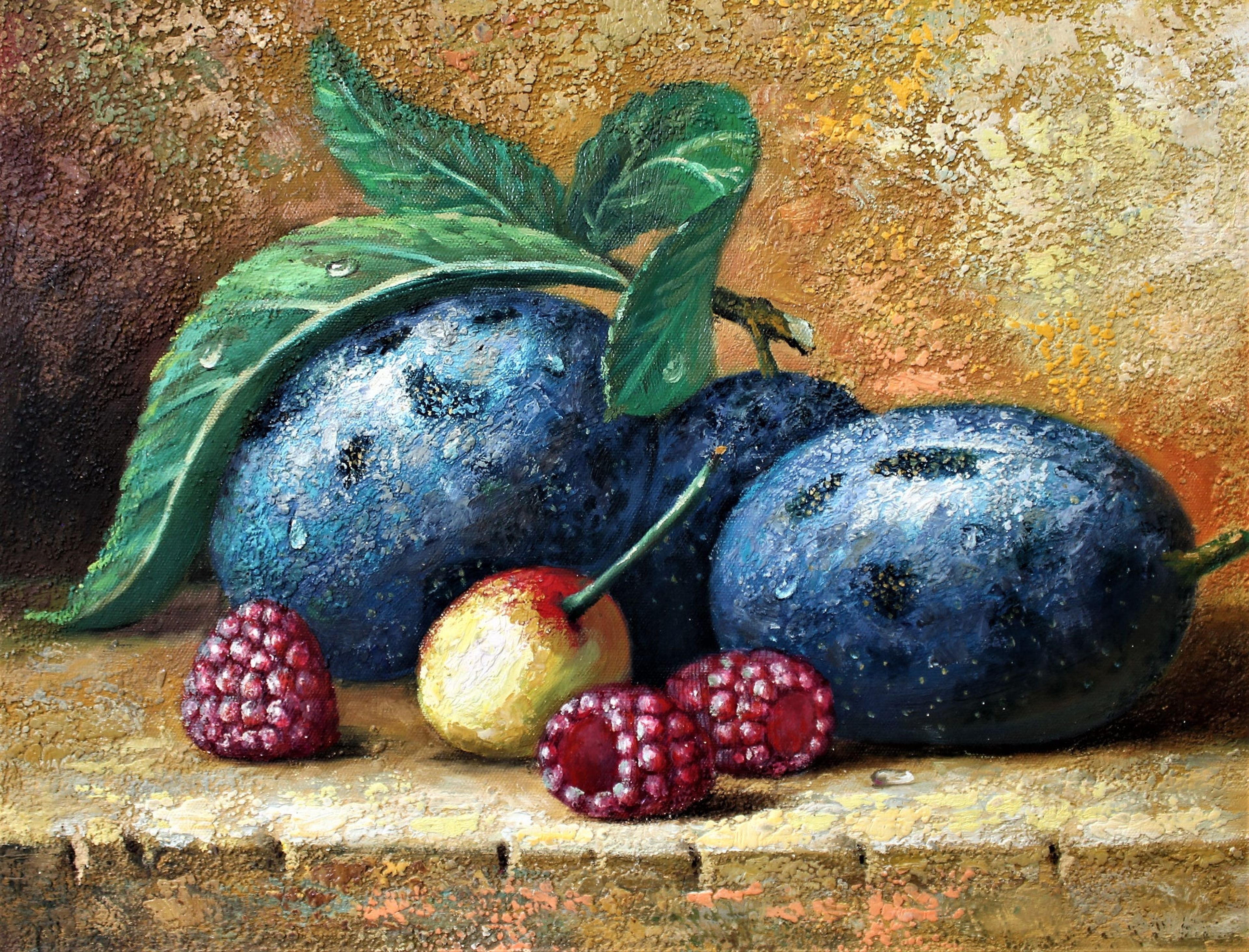 Nature morte de prunes, de framboises et d'un abricot