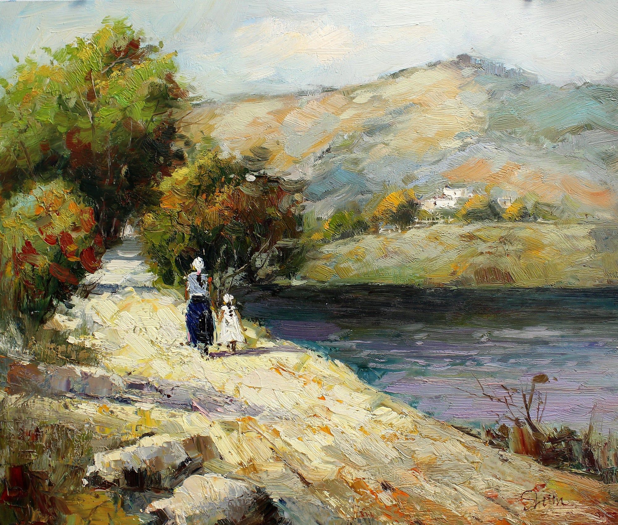 Two figures talking by a lake towards mountains