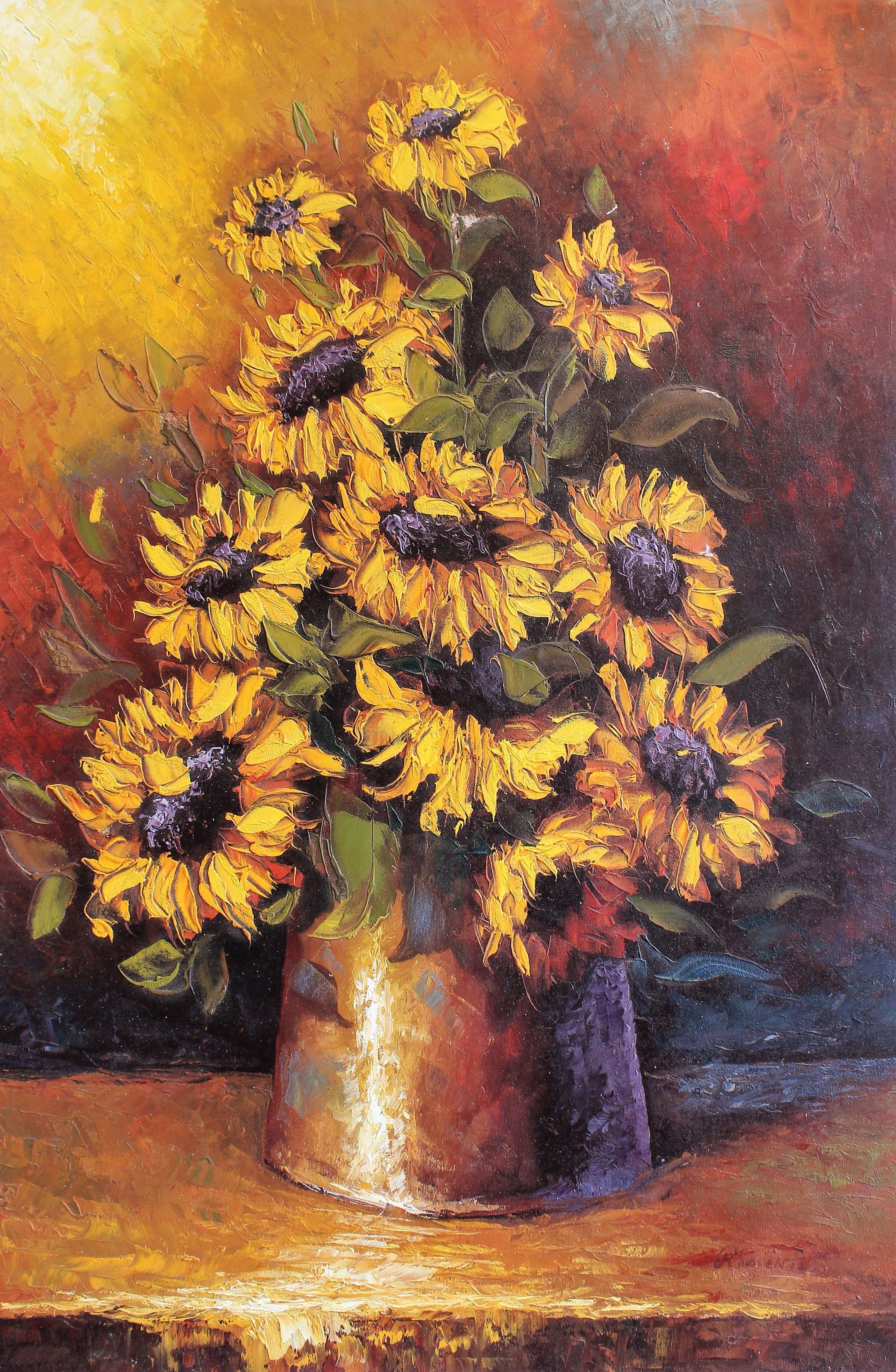 Nature morte de tournesols dans un vase en métal