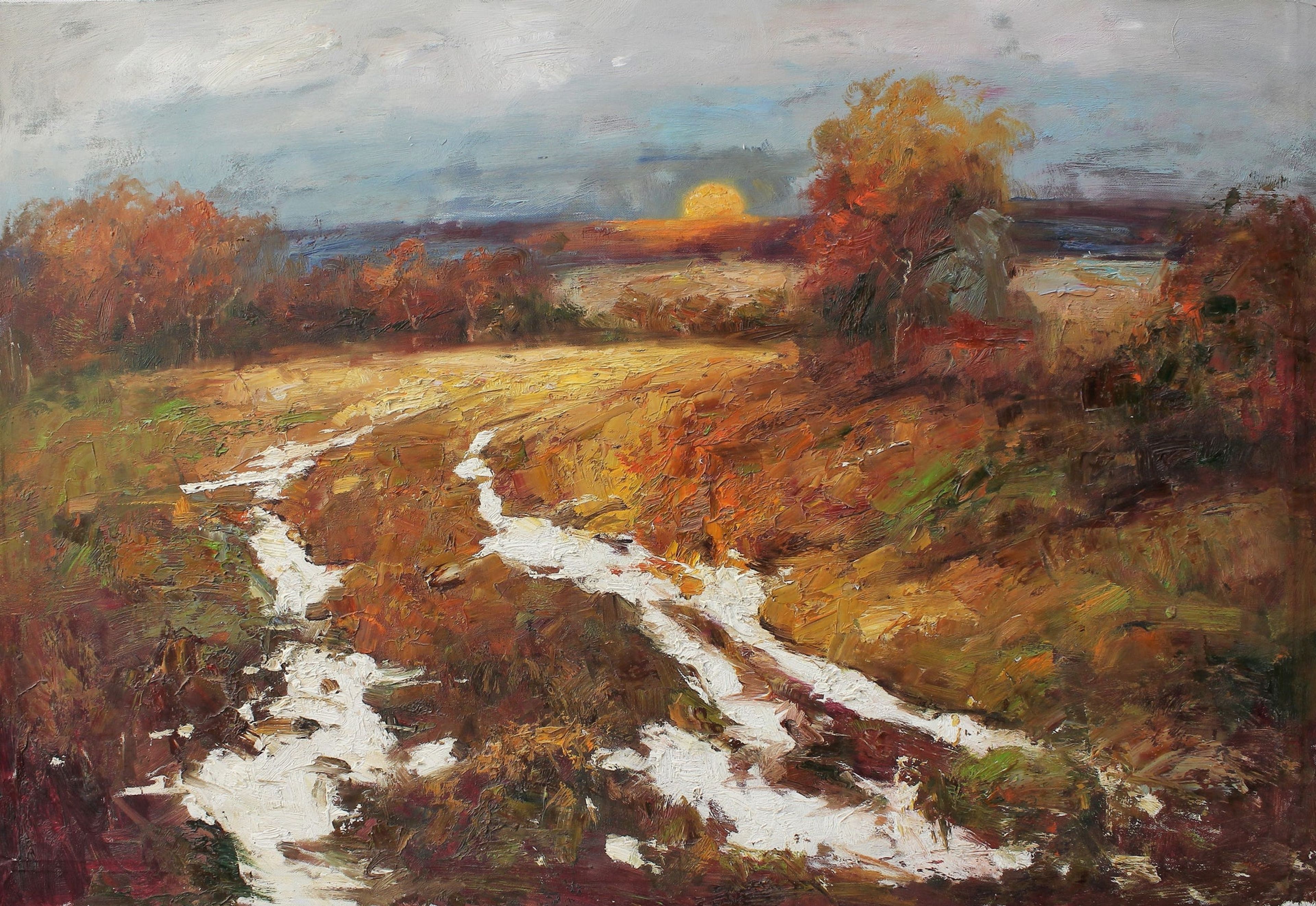 Prairie d'automne avec soleil couchant