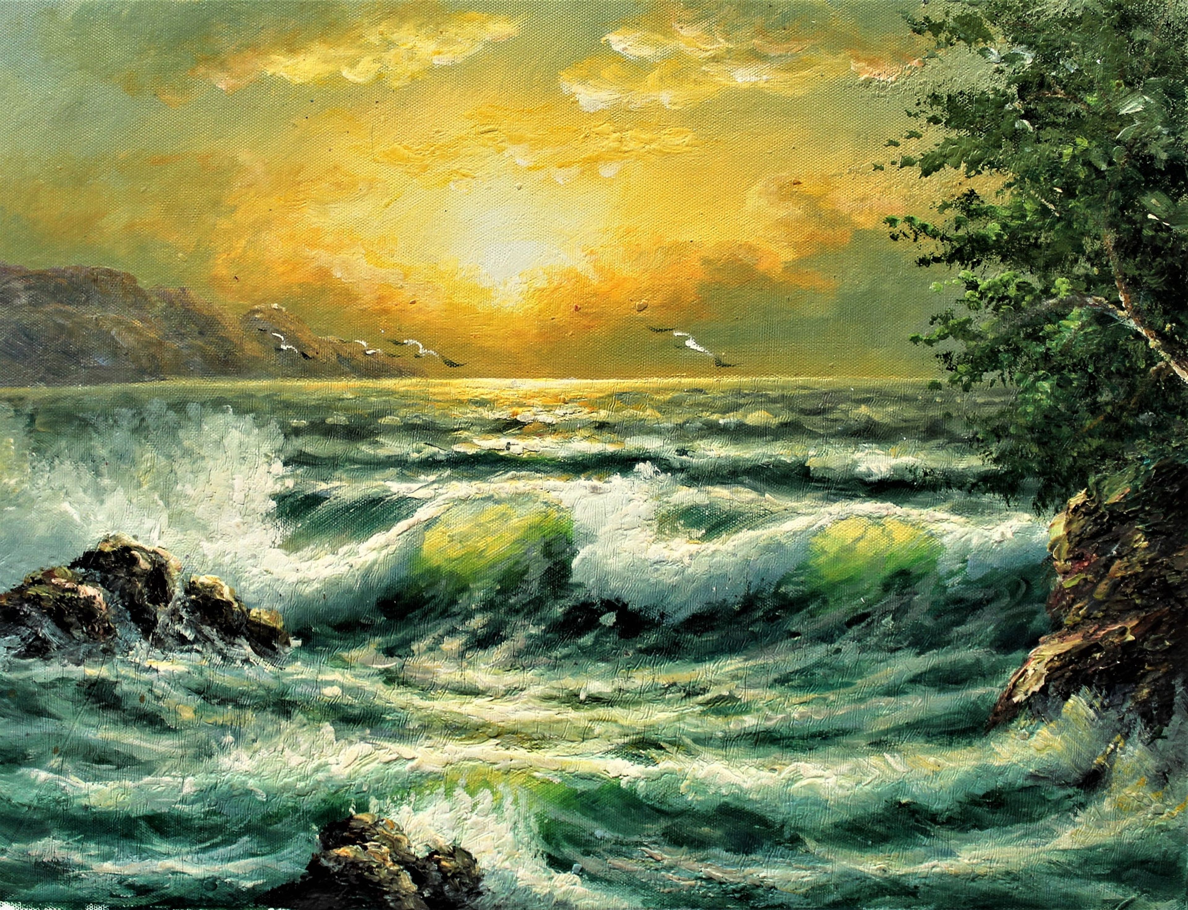 Vagues de l'océan avec coucher de soleil
