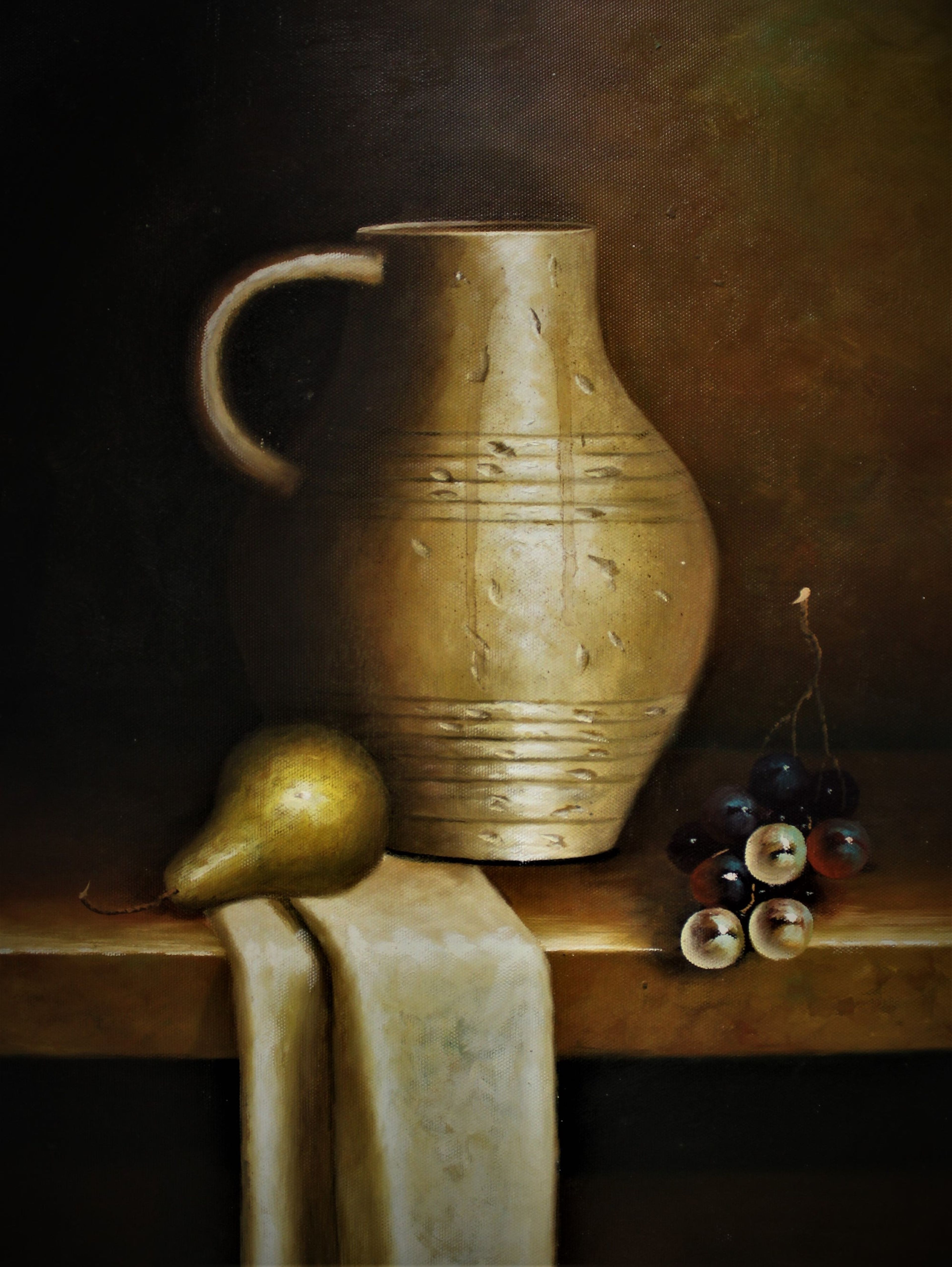 Nature morte d'une cruche, de raisins et d'une poire