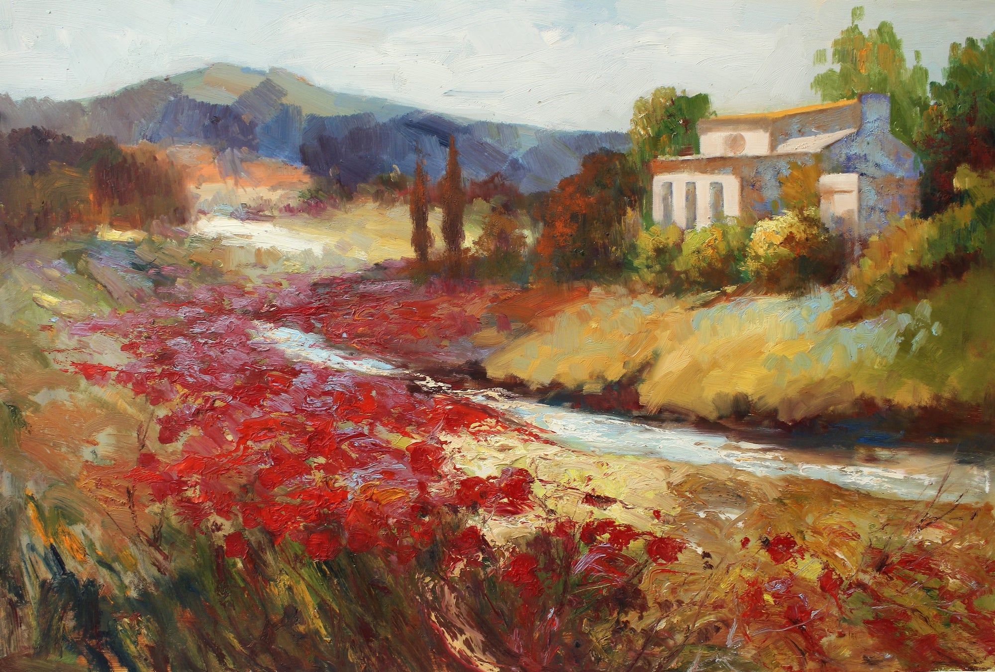 Prairie avec des fleurs rouges et des montagnes lointaines