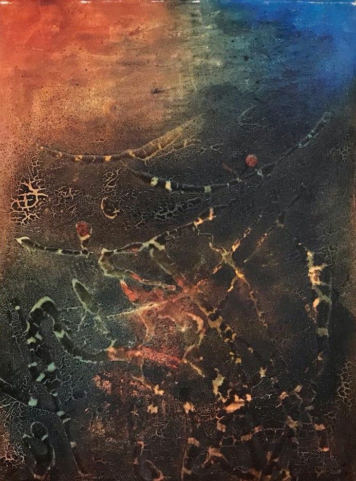 Peinture abstraite bleu foncé, orange et marron