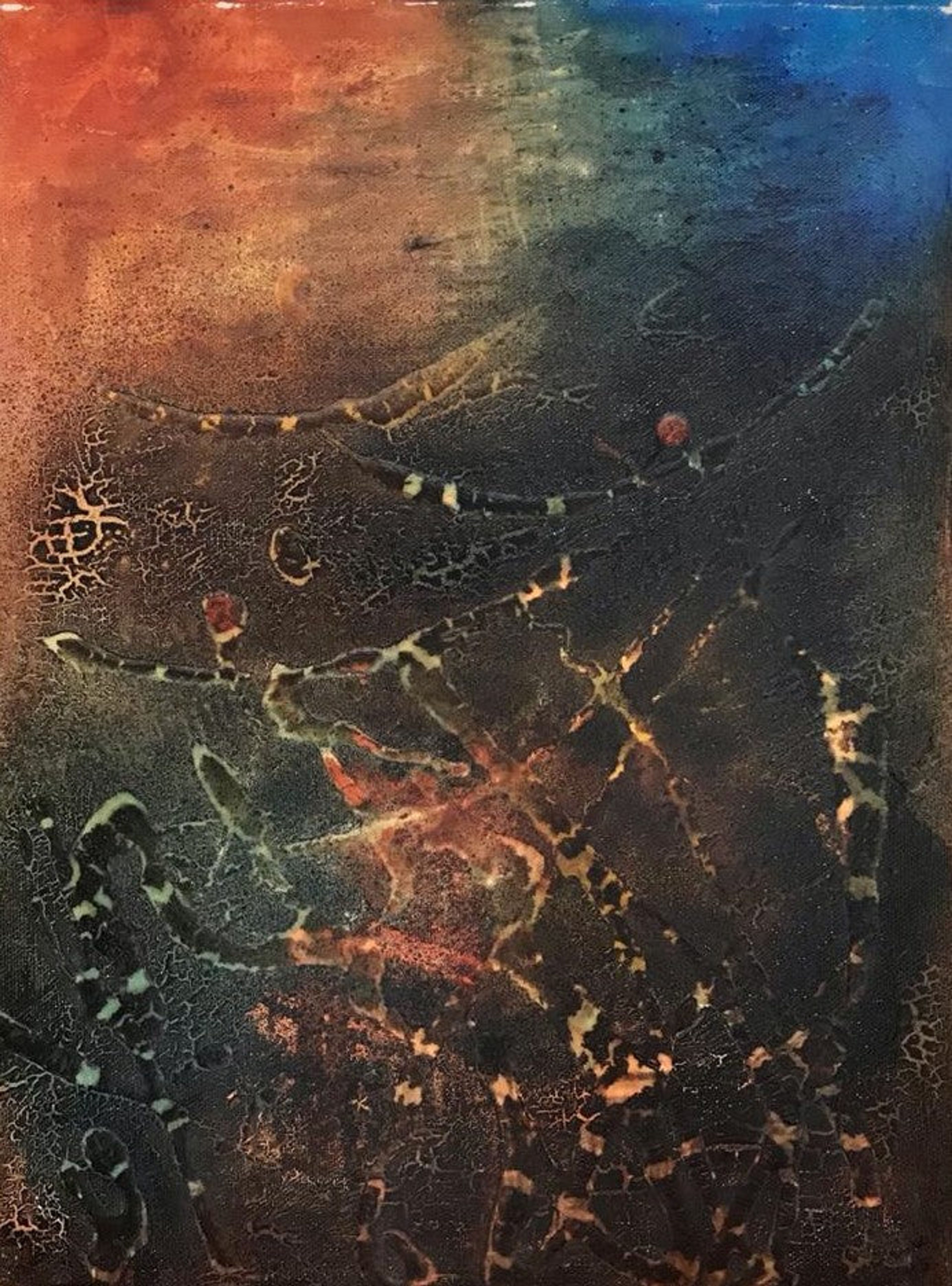 Peinture abstraite bleu foncé, orange et marron