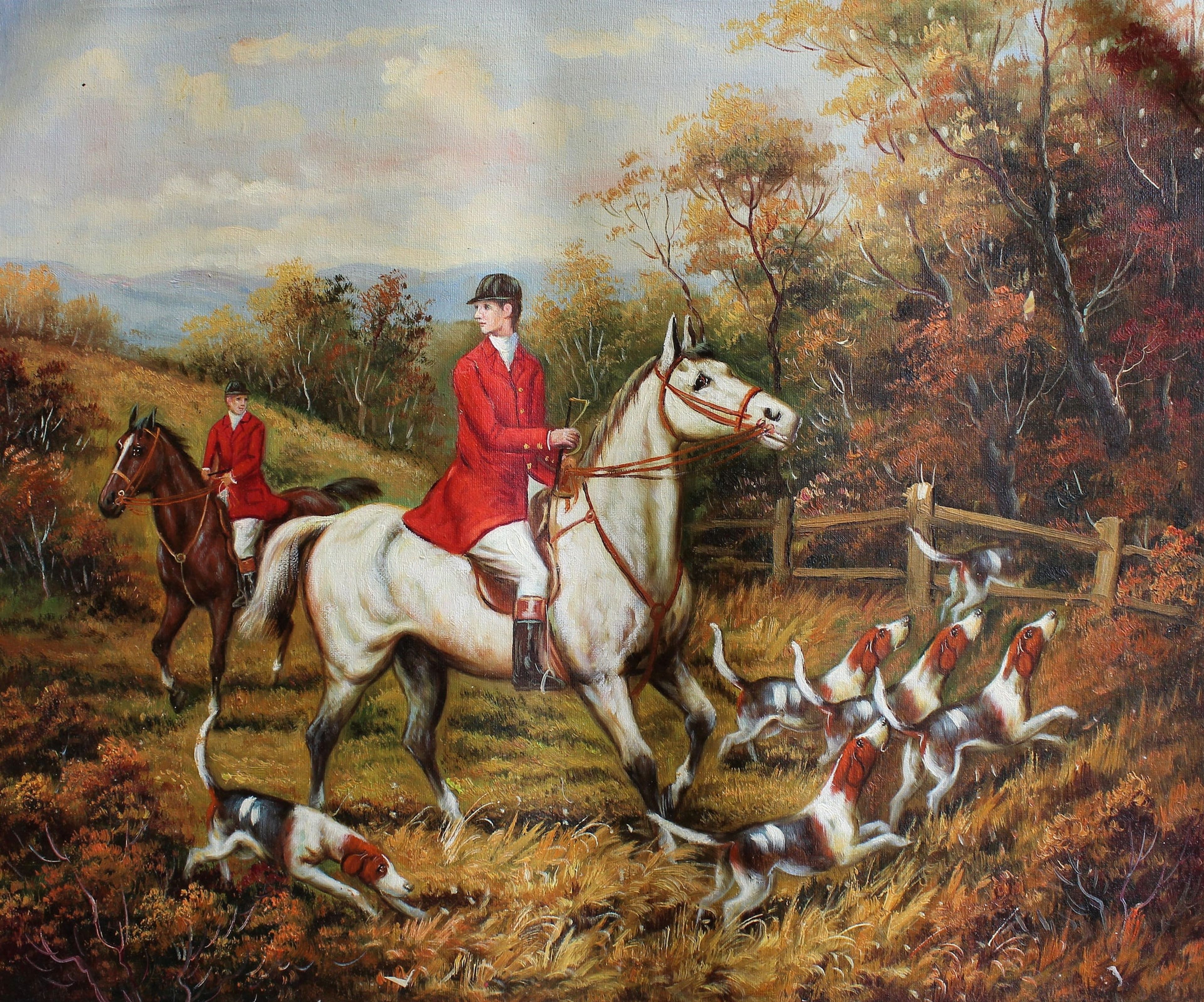 Deux chasseurs et des chiens de chasse
