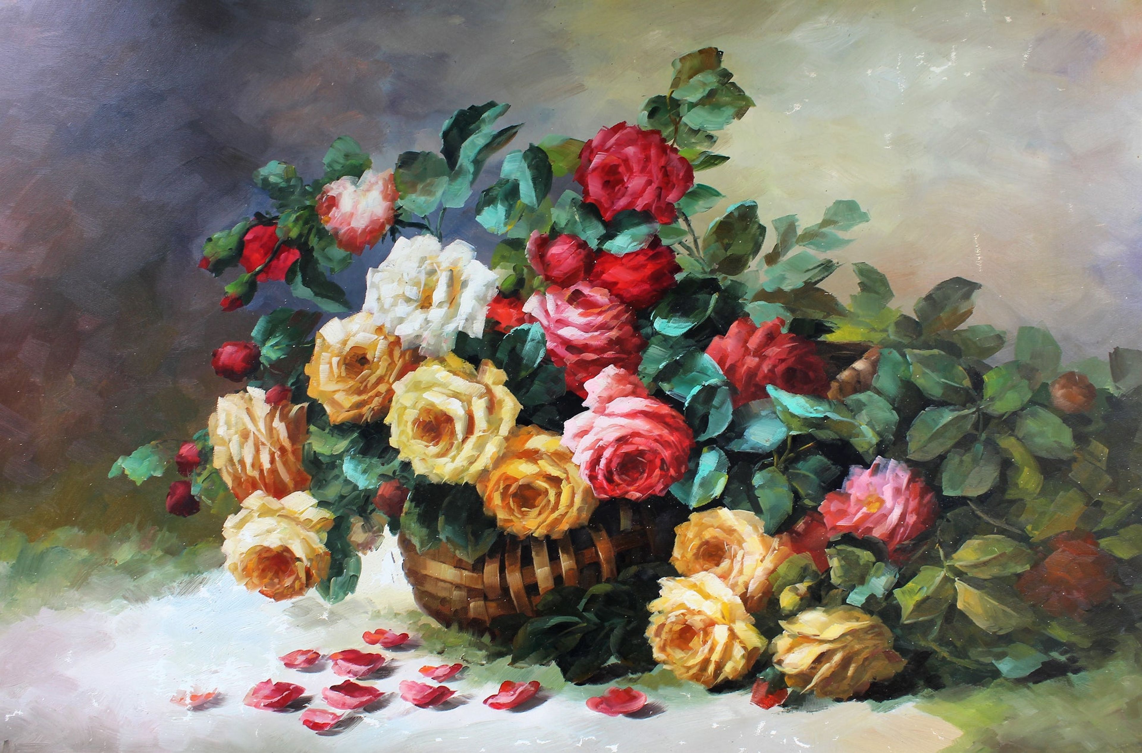 Nature morte de roses dans un panier
