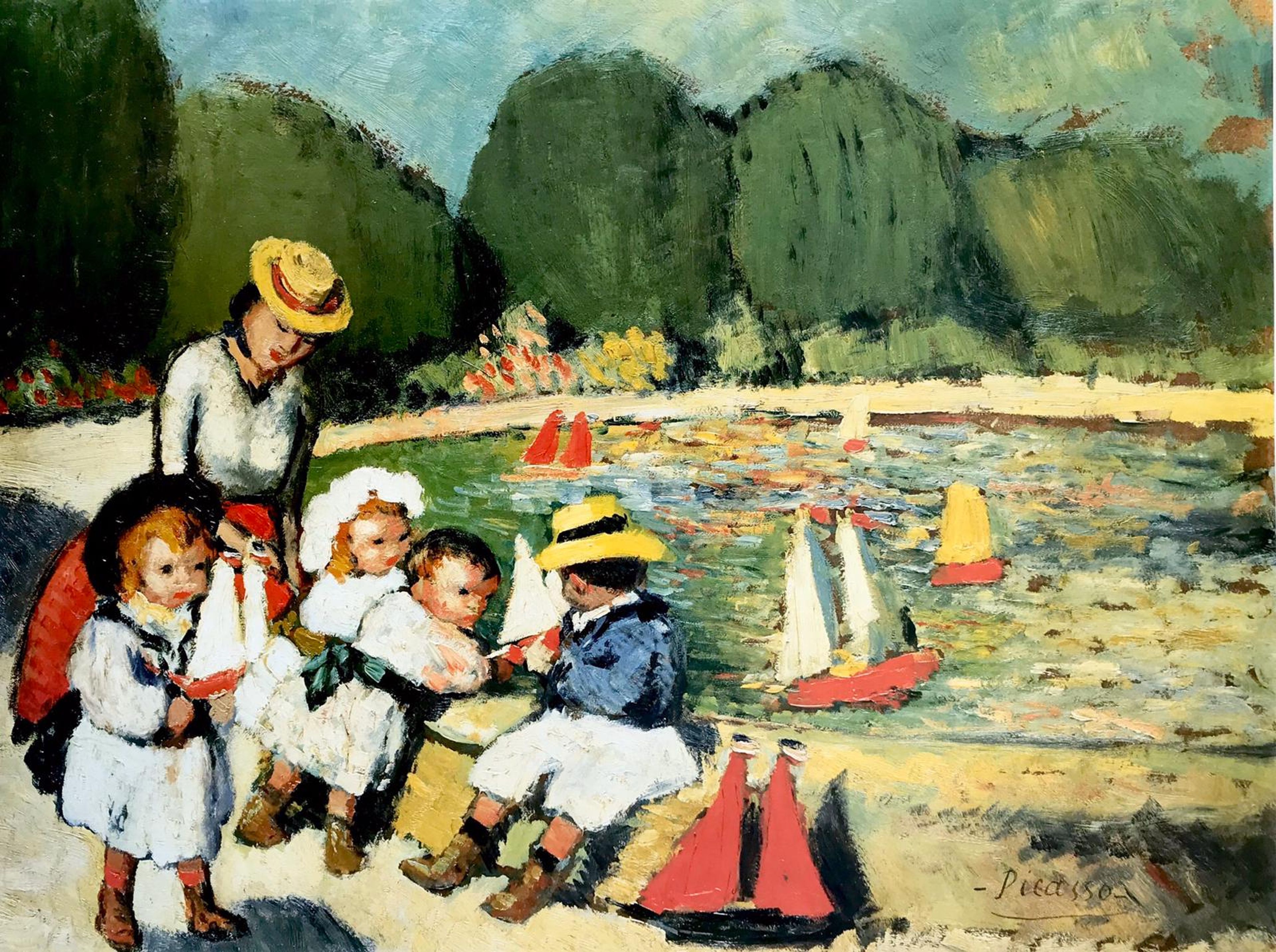 Affiche d'enfants près d'une fontaine avec des voiliers jouets