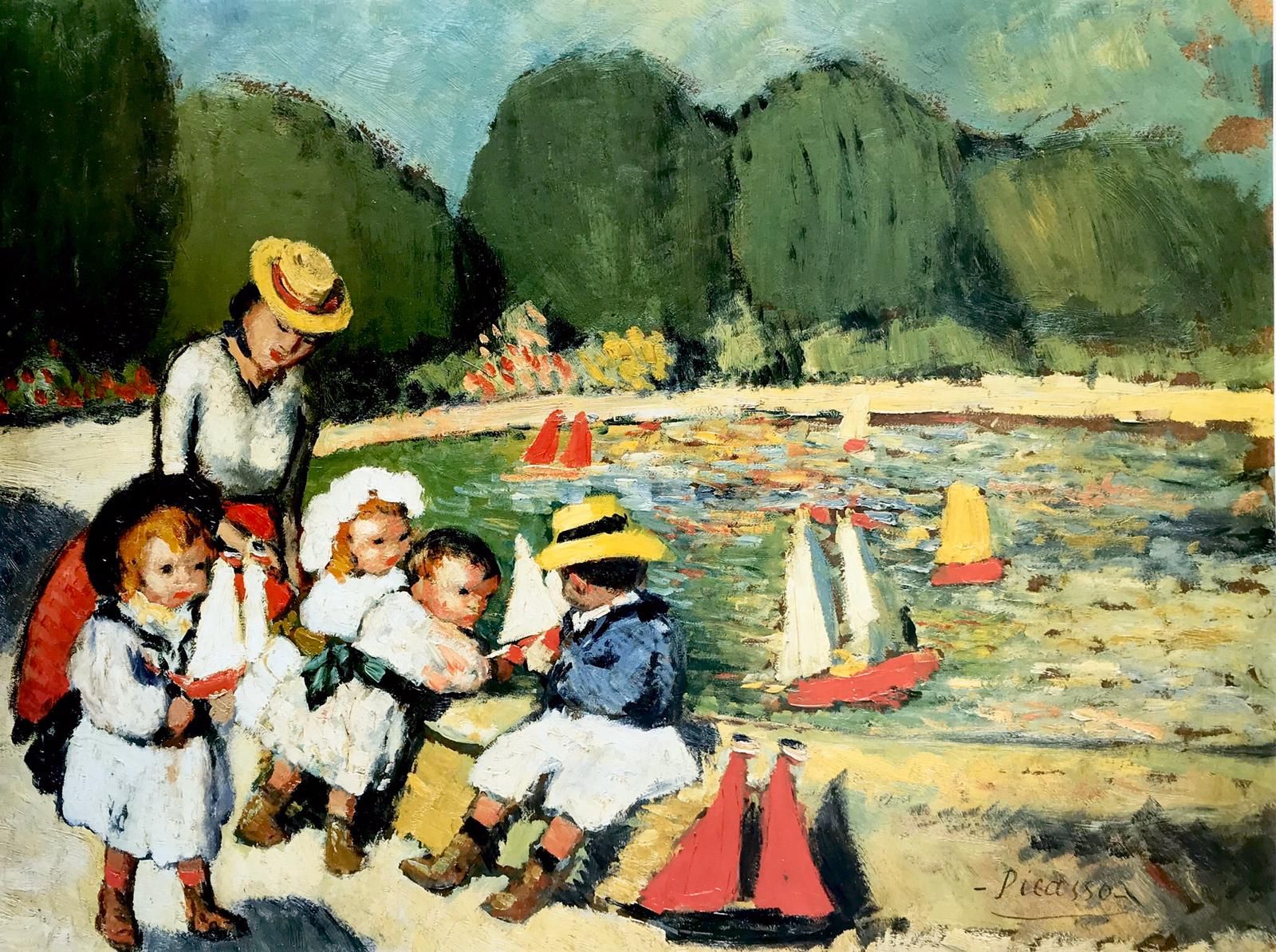 Affiche d'enfants près d'une fontaine avec des voiliers jouets