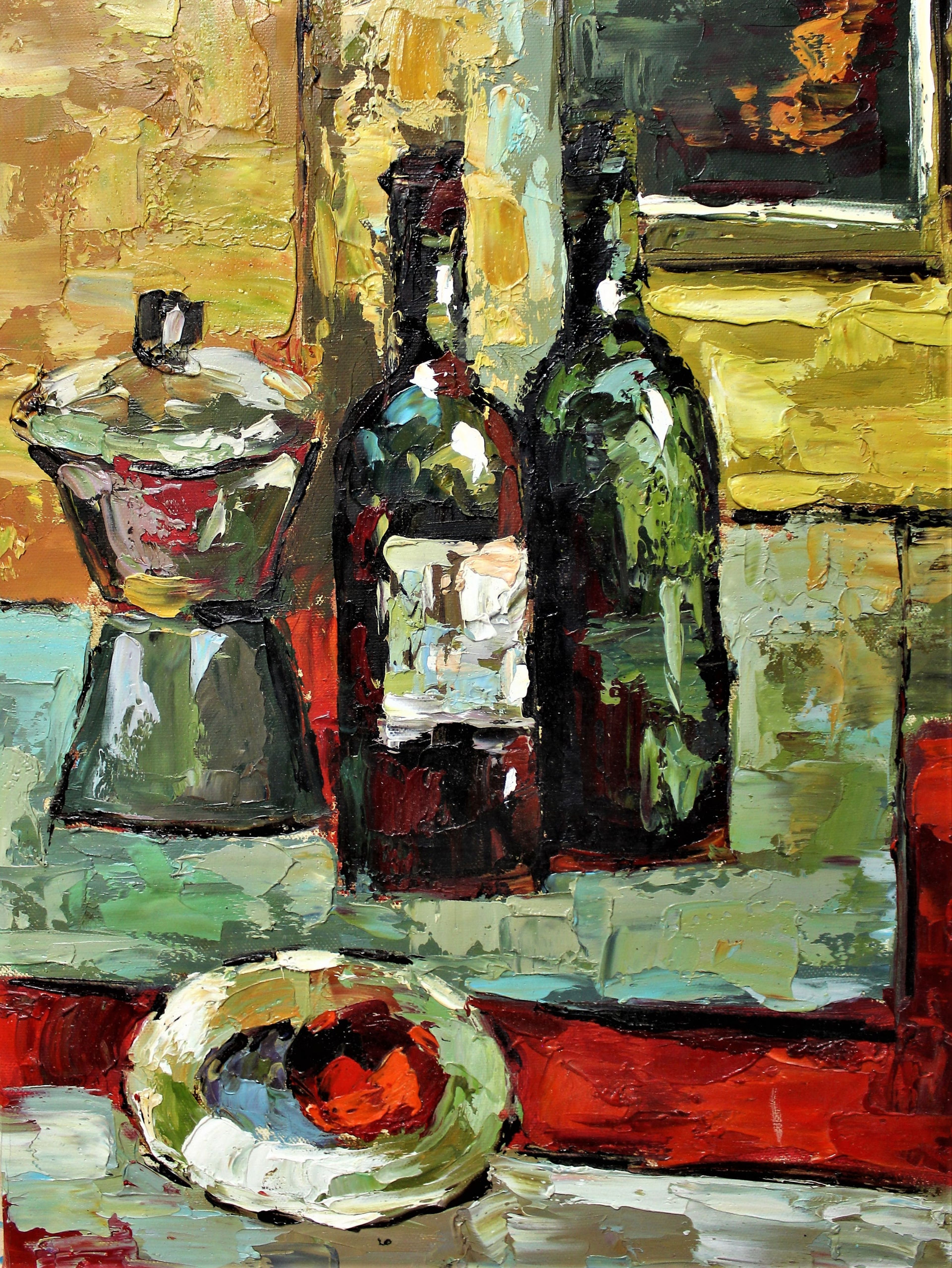 Nature morte d'un pot en métal et de deux bouteilles de vin