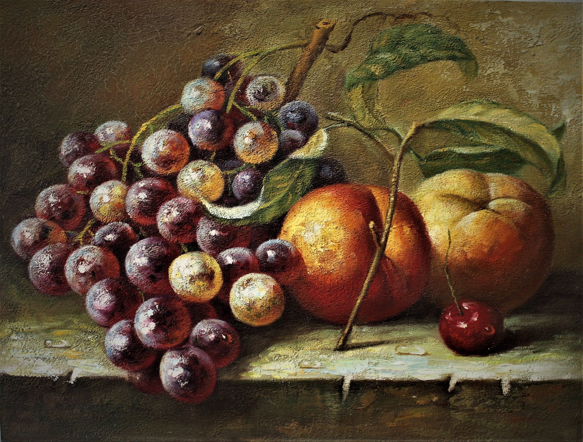 Nature morte de raisins, de pommes et d'une cerise
