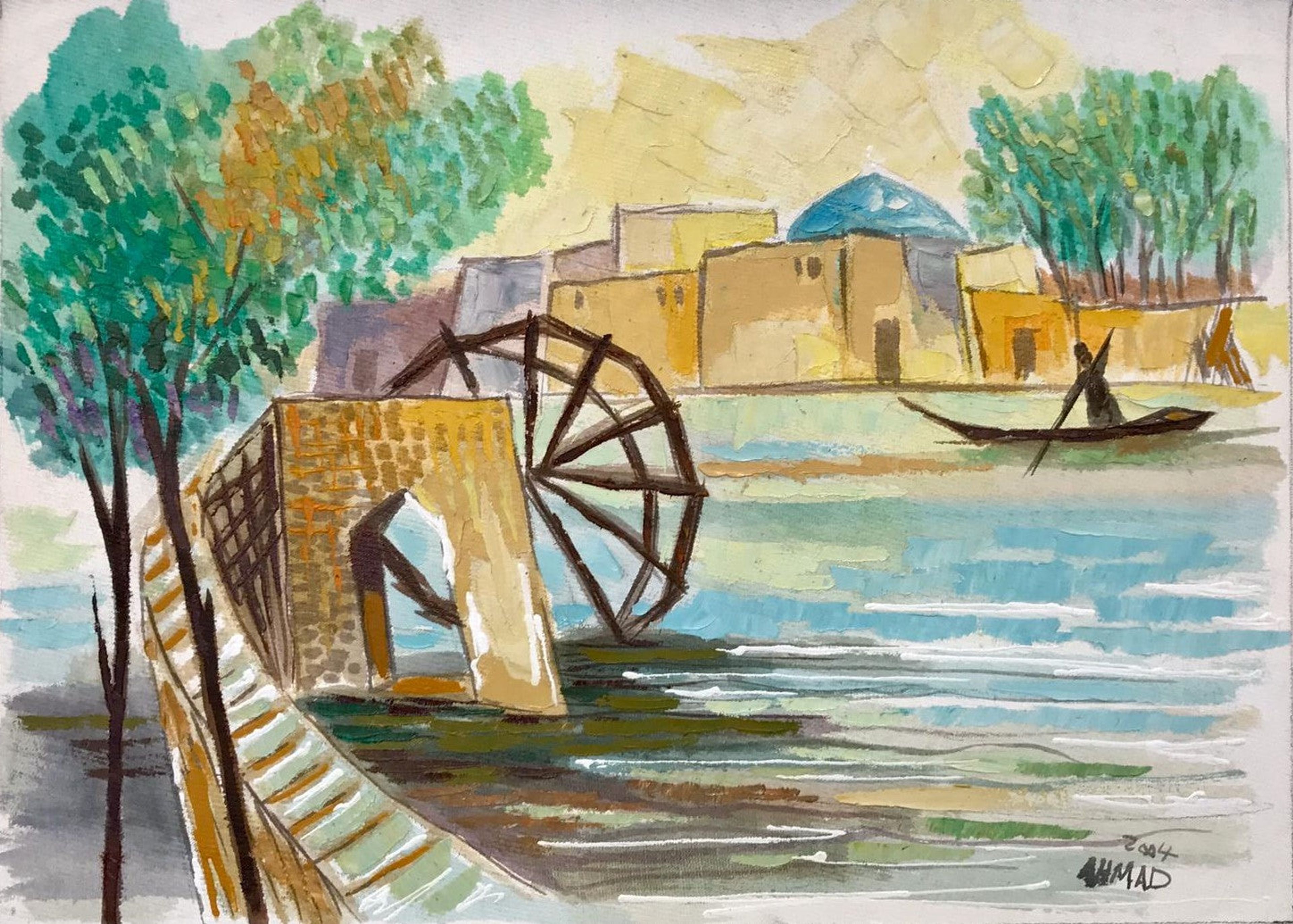 Paysage fluvial avec canoë